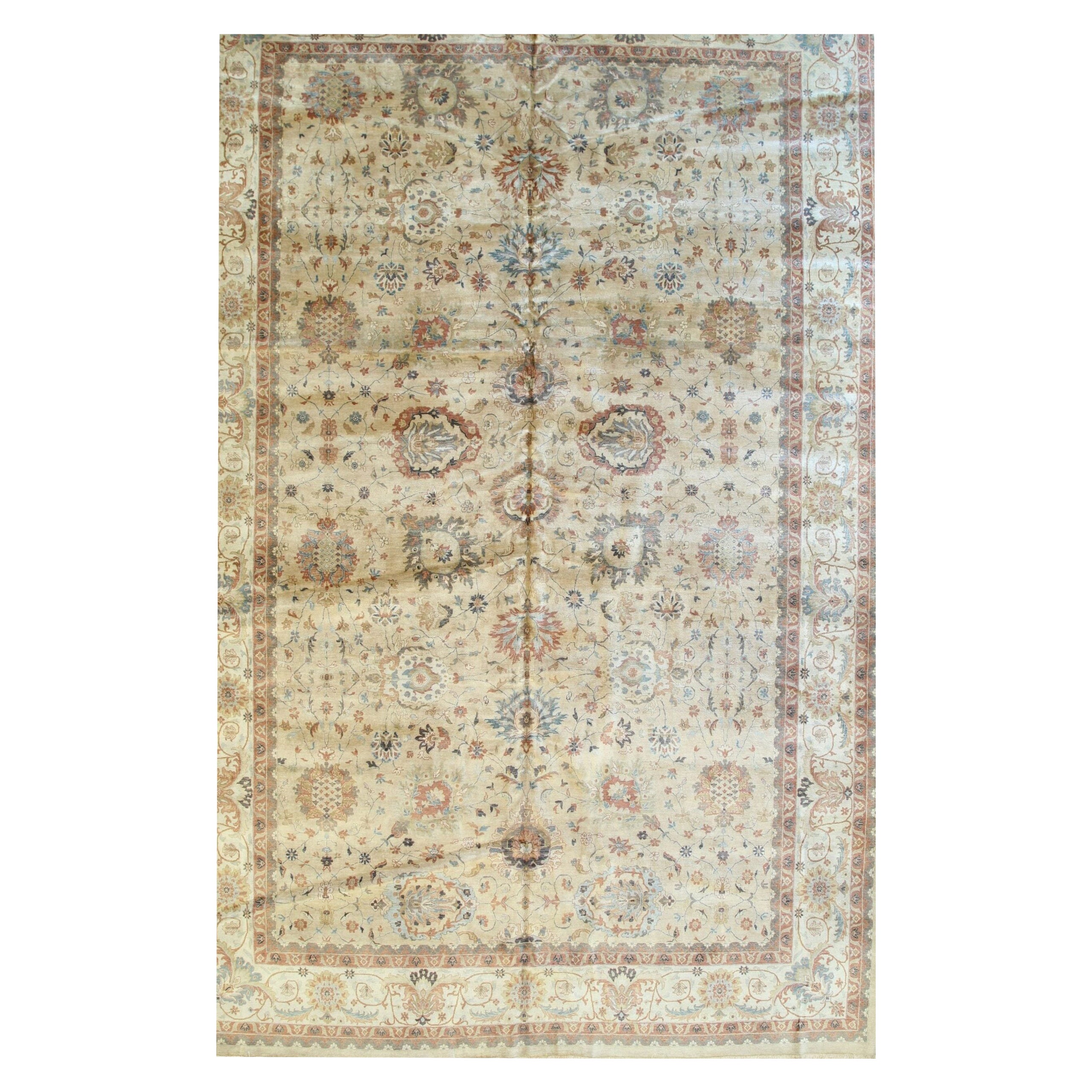 Versatile Agra Beige Hand-Knotted Wool Rug Carpet from India with Allover Floral