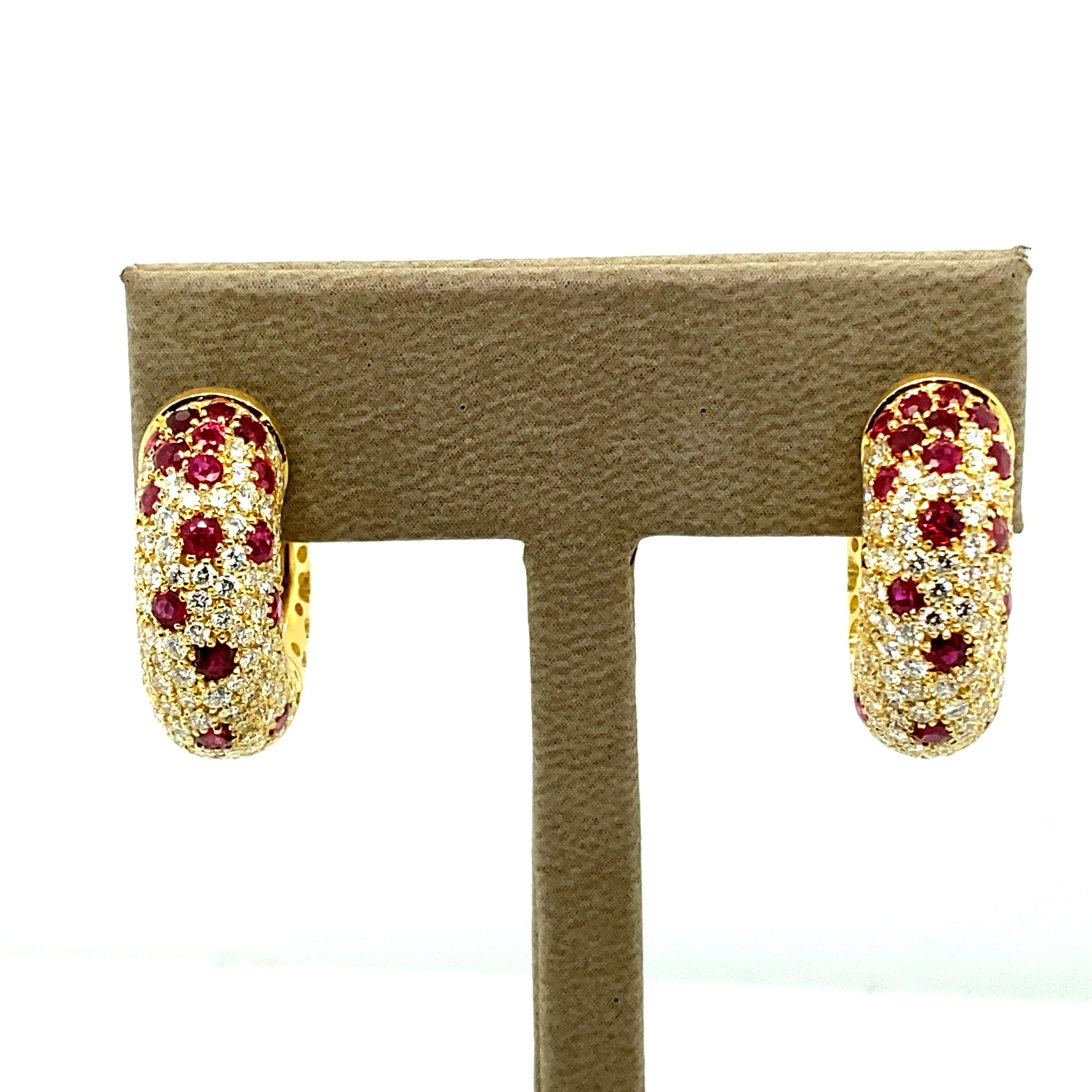Versatile and Beautiful Ruby and Diamond Hoop Earrings in 18 Karat Yellow Gold For Sale 1
