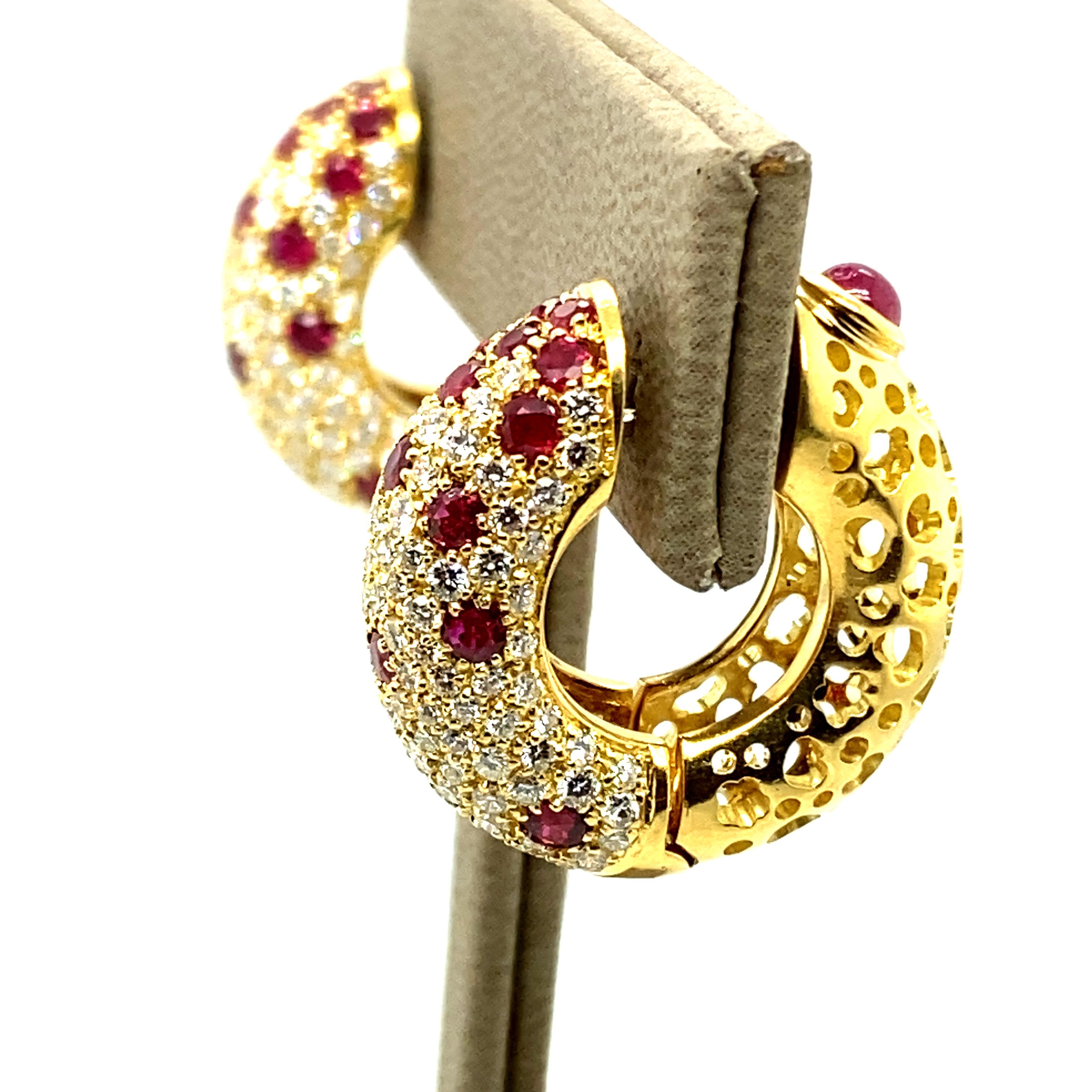 Versatile and Beautiful Ruby and Diamond Hoop Earrings in 18 Karat Yellow Gold For Sale 3