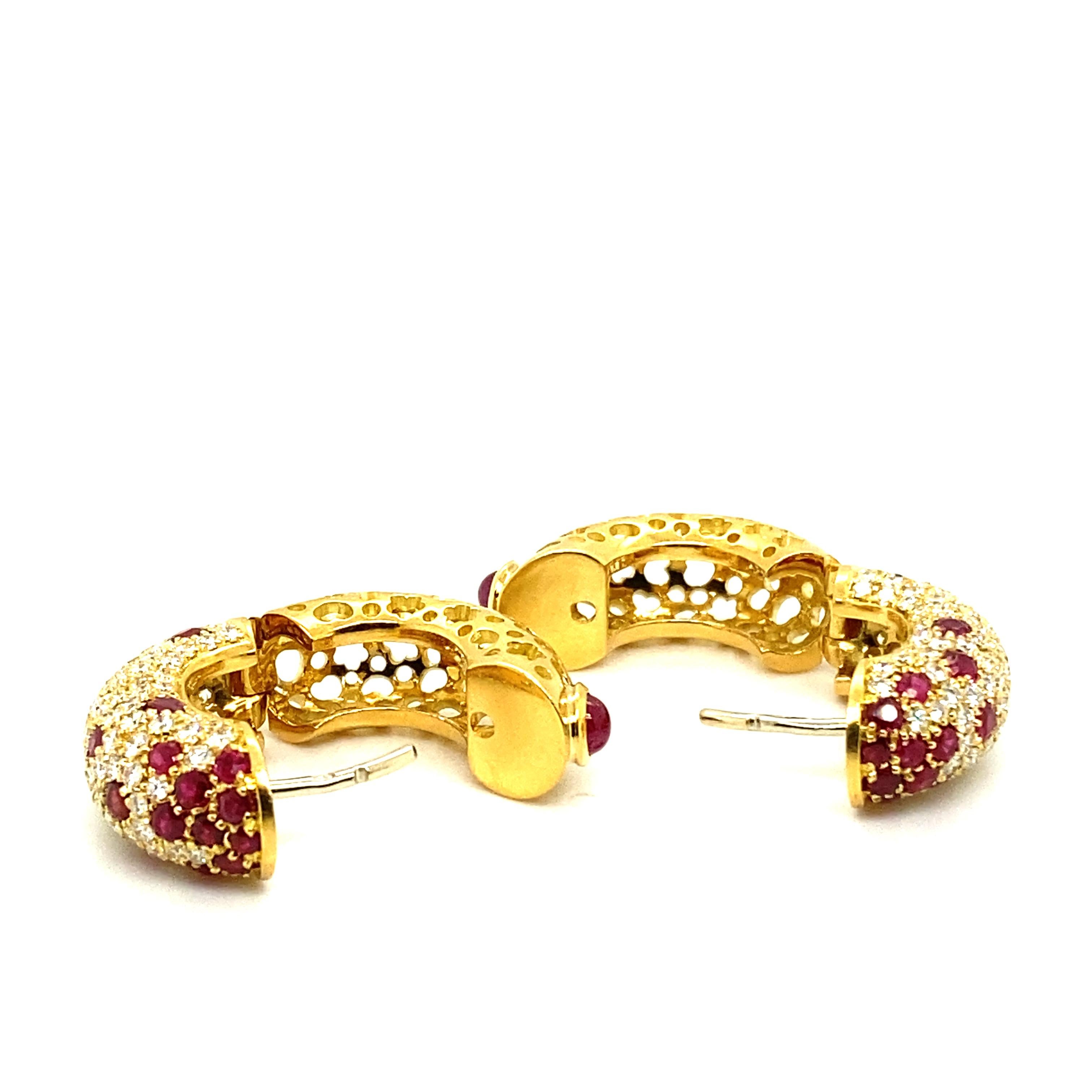 Versatile and Beautiful Ruby and Diamond Hoop Earrings in 18 Karat Yellow Gold For Sale 5