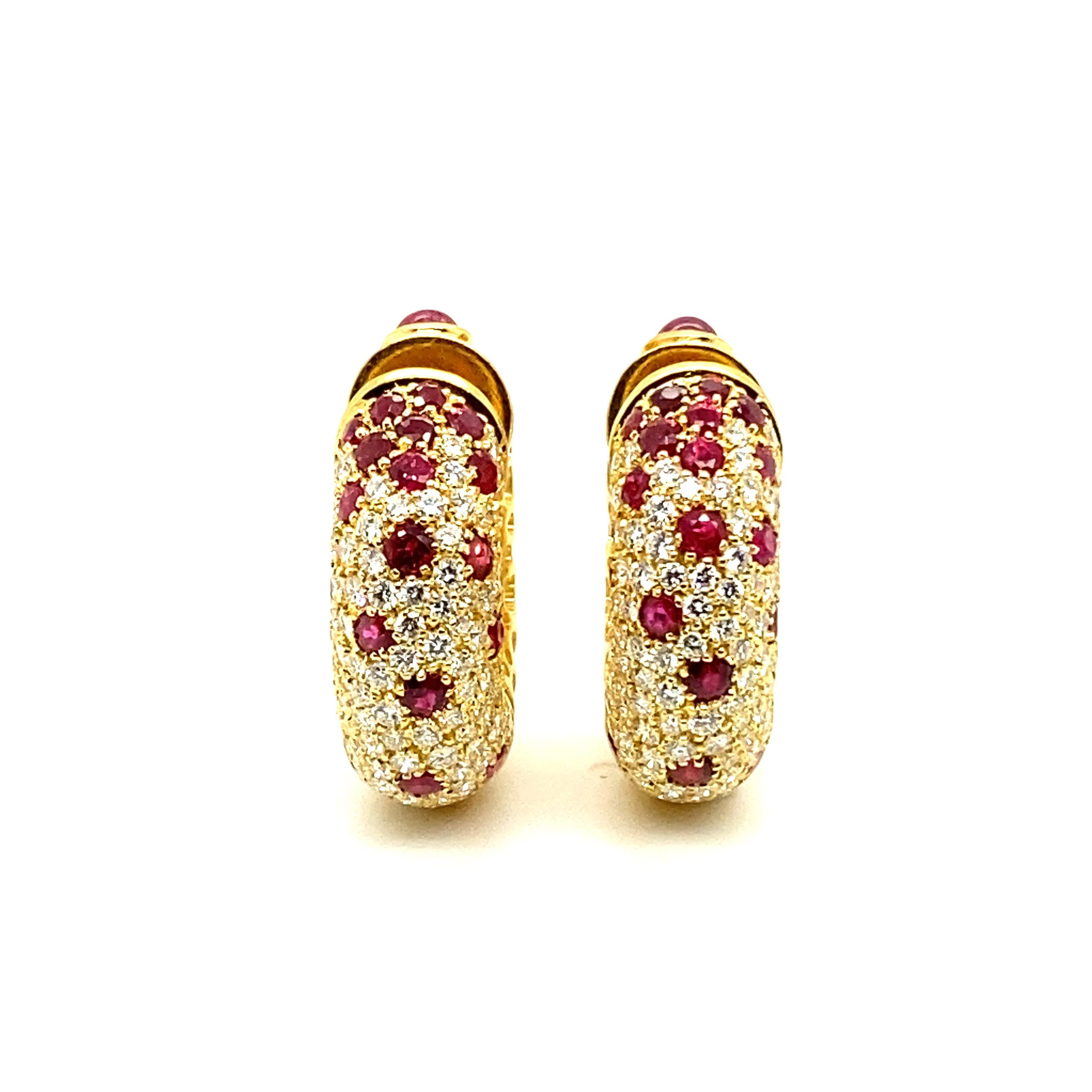 Versatile and Beautiful Ruby and Diamond Hoop Earrings in 18 Karat Yellow Gold For Sale 6