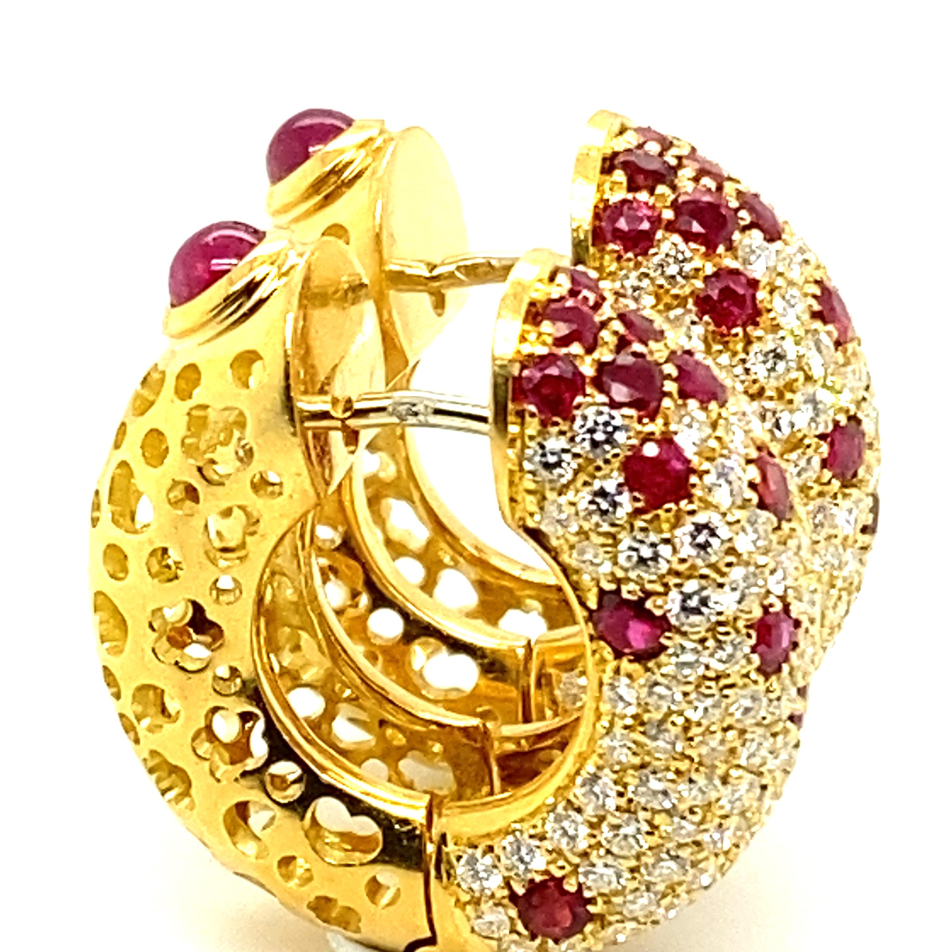 Versatile and Beautiful Ruby and Diamond Hoop Earrings in 18 Karat Yellow Gold For Sale 8