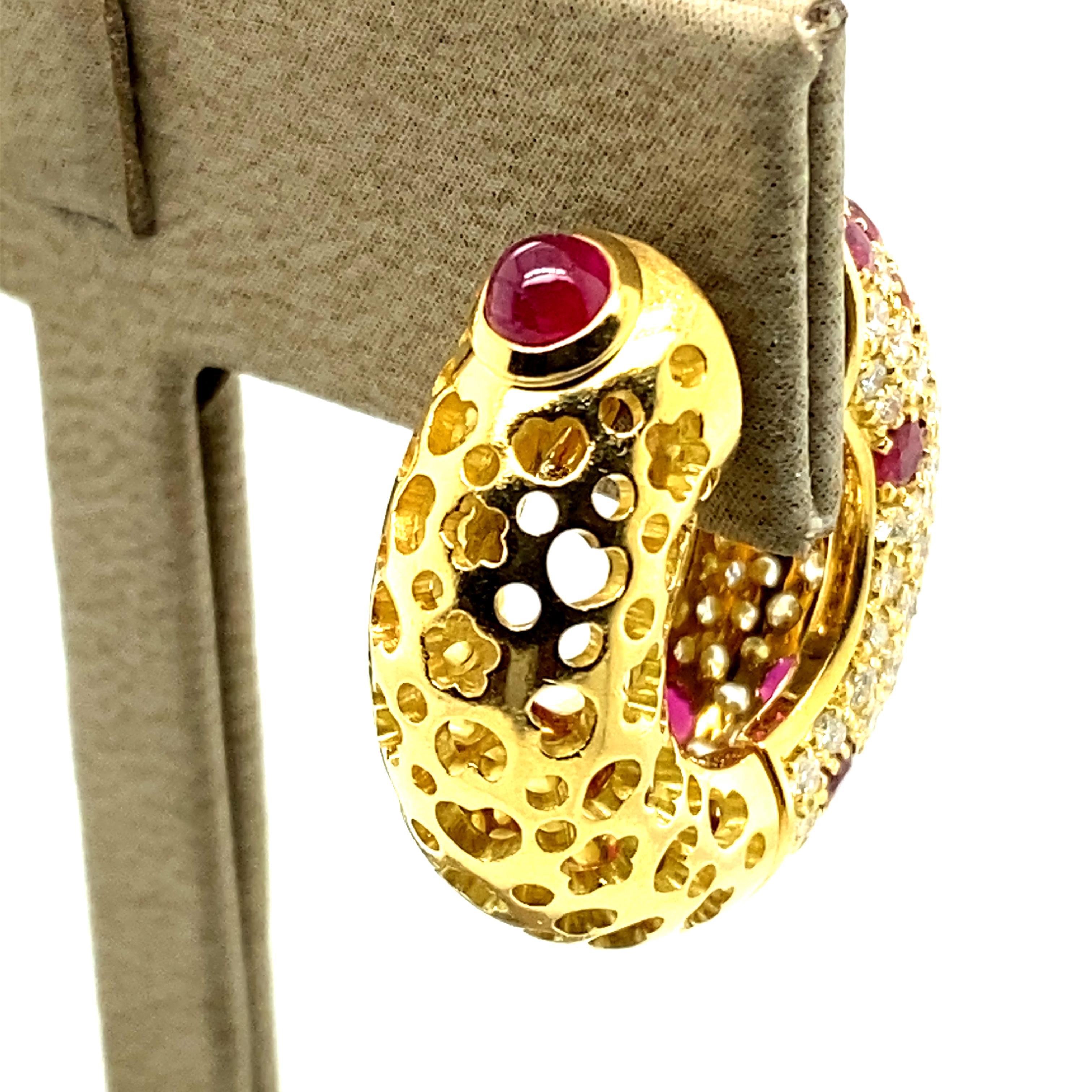 Versatile and Beautiful Ruby and Diamond Hoop Earrings in 18 Karat Yellow Gold For Sale 9