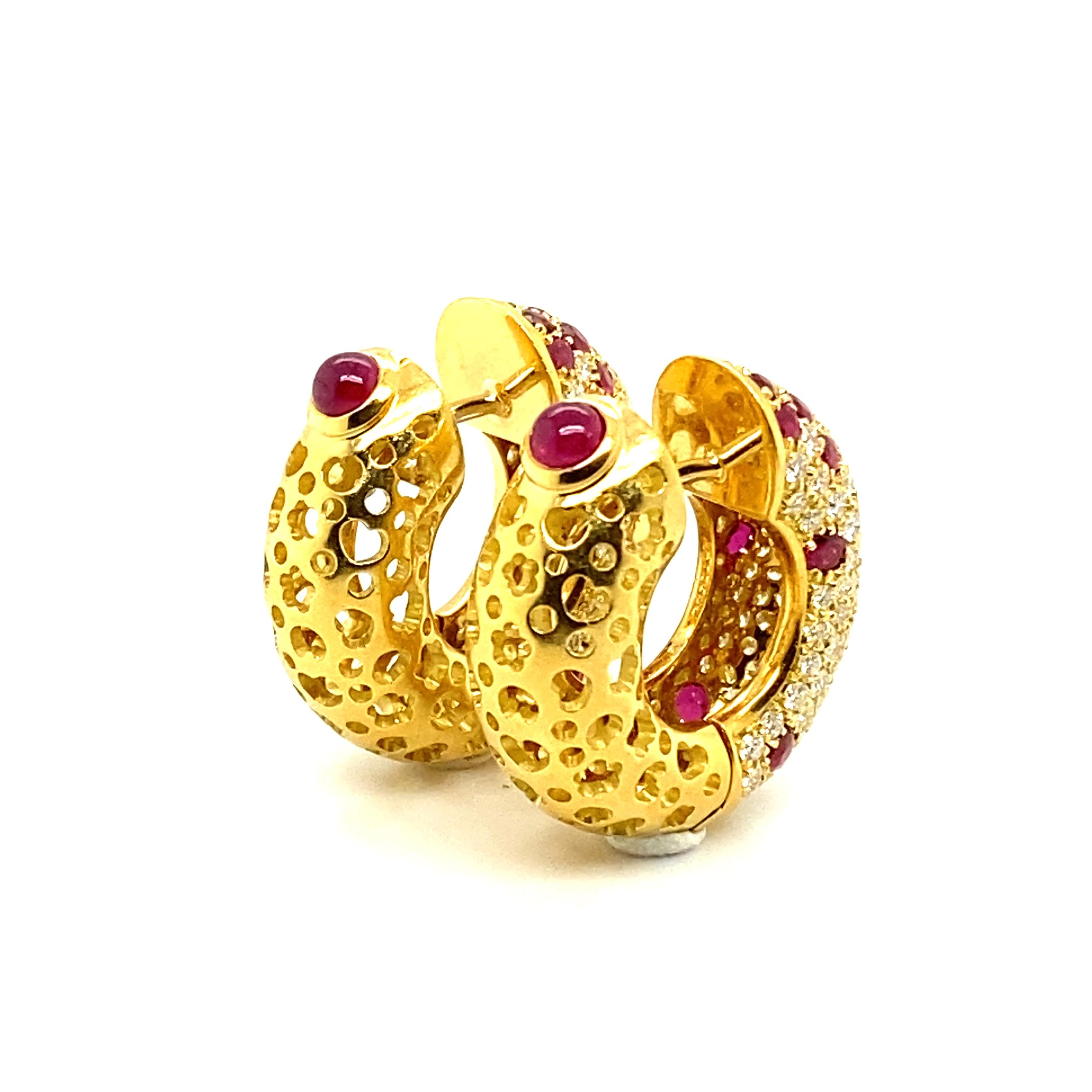 Contemporary Versatile and Beautiful Ruby and Diamond Hoop Earrings in 18 Karat Yellow Gold For Sale