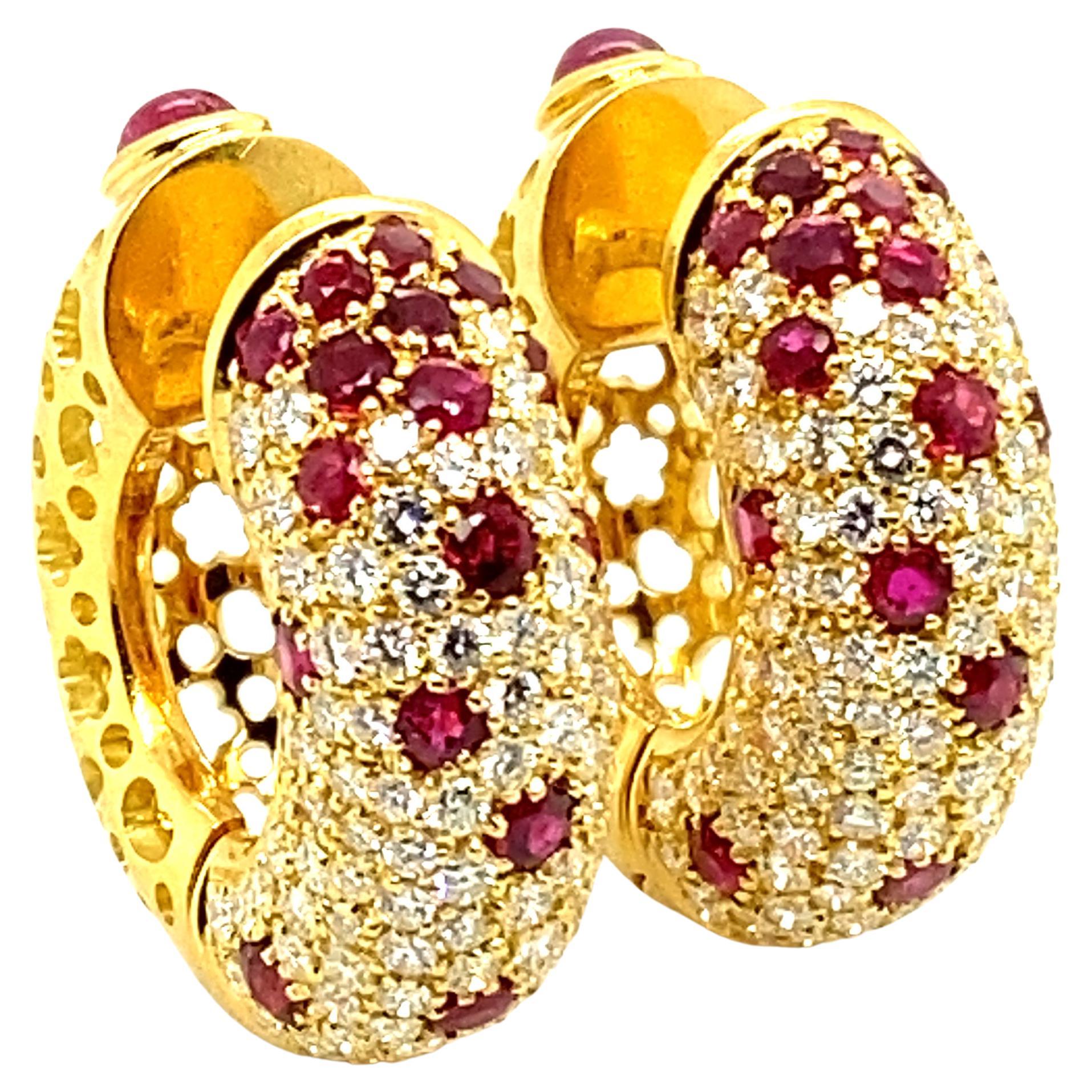 Versatile and Beautiful Ruby and Diamond Hoop Earrings in 18 Karat Yellow Gold For Sale