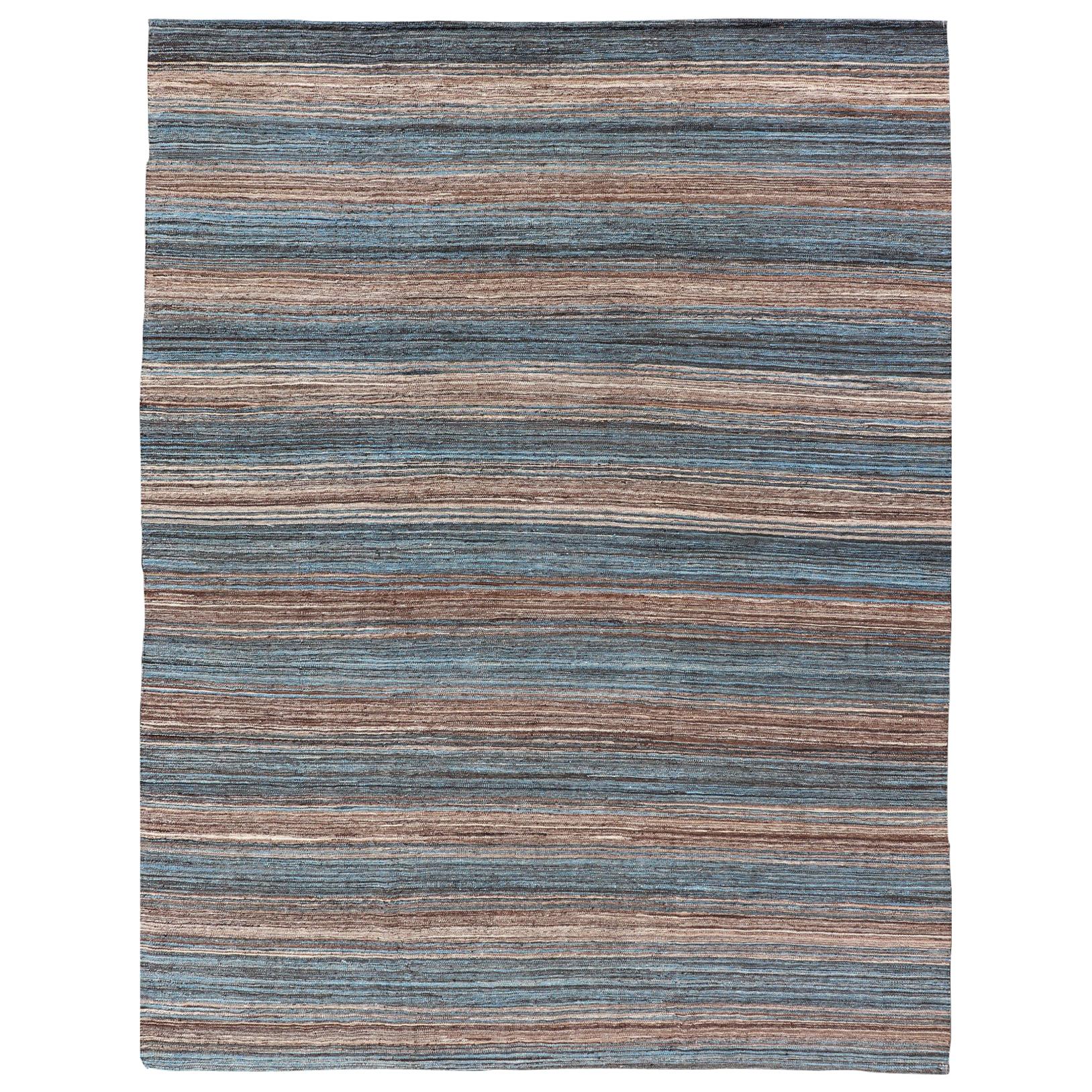 Versatile and Natural Brown and Blue Flat-Weave Kilim 