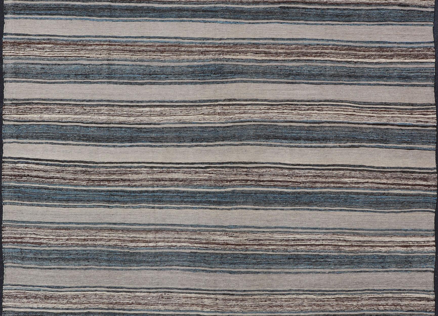 Afghan Versatile and Natural Brown, Cream, and Blue Striped Flat-Weave Kilim For Sale