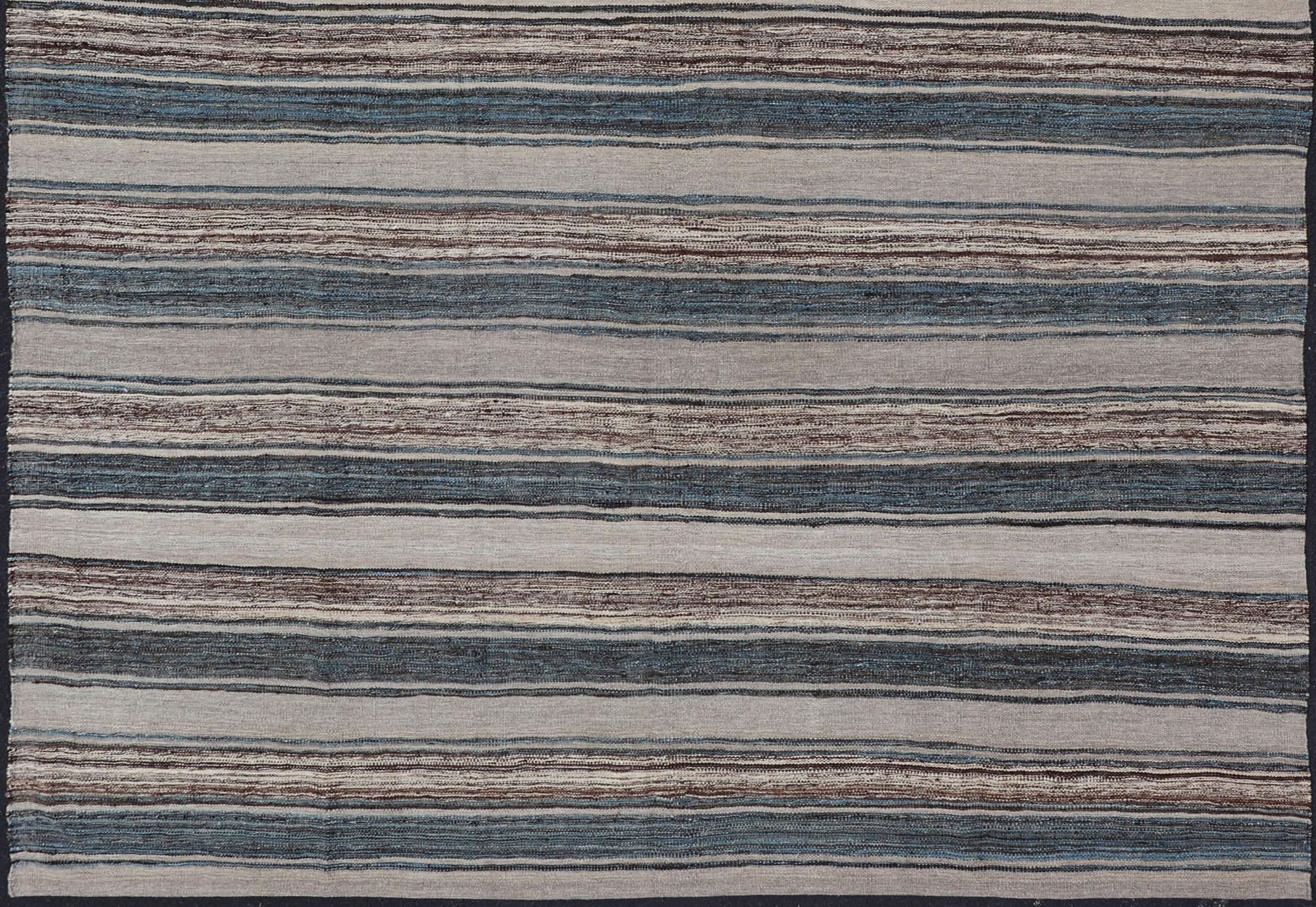 Hand-Woven Versatile and Natural Brown, Cream, and Blue Striped Flat-Weave Kilim For Sale