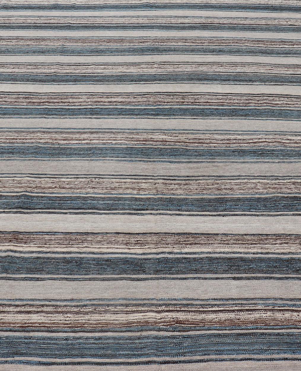Contemporary Versatile and Natural Brown, Cream, and Blue Striped Flat-Weave Kilim For Sale