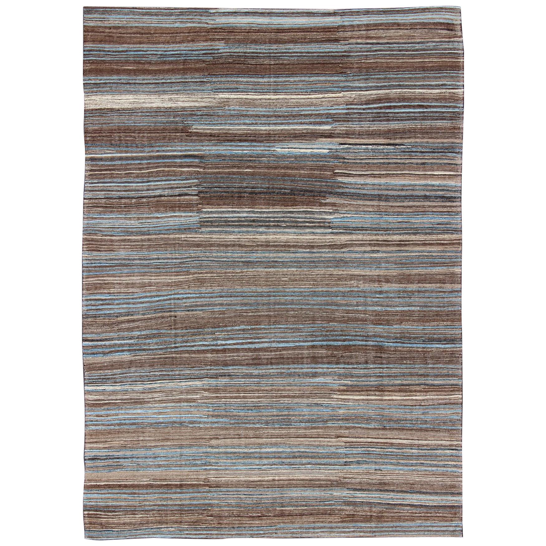 Blue and Brown Flat-Weave Large Kilim Modern Design
