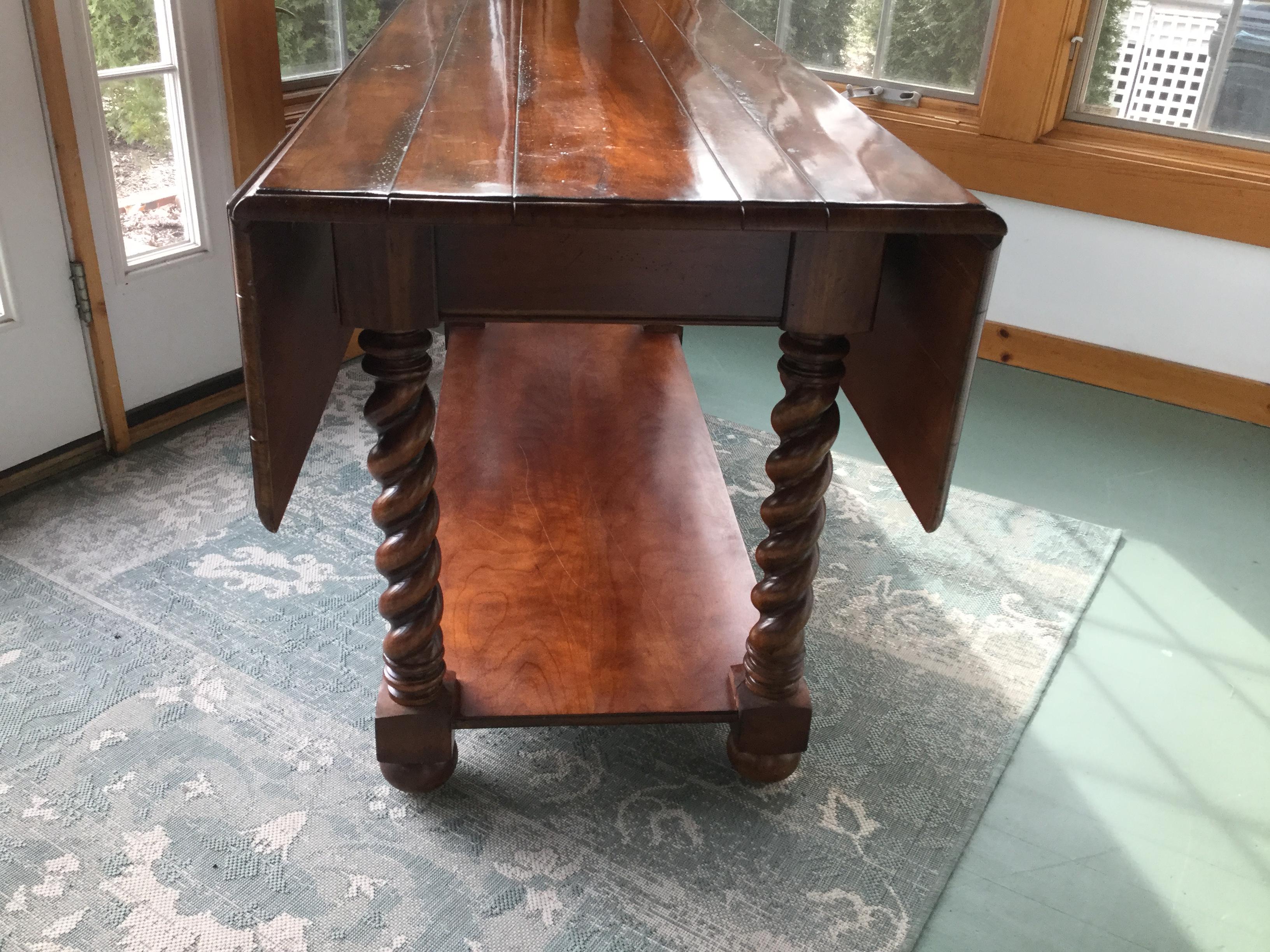 Versatile and Warmly Handsome Drop Leaf Cherry Farm Table with Barley Twist Legs In Excellent Condition In Hopewell, NJ