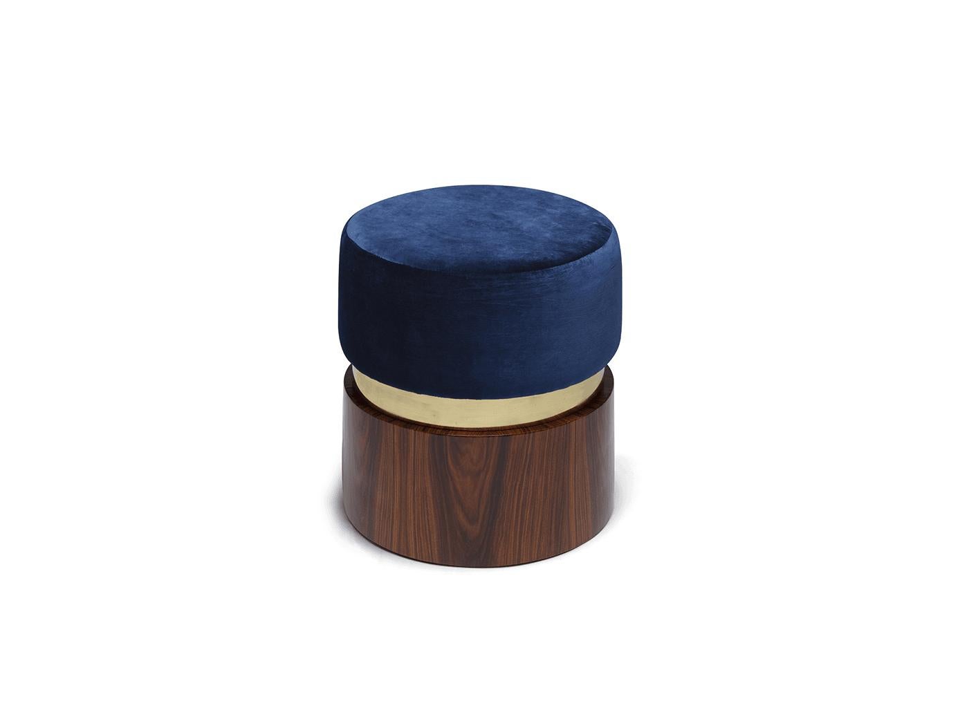 Modern Versatile Contemporary Pouf Set B with a Tray in Wood, Brass and Velvet For Sale