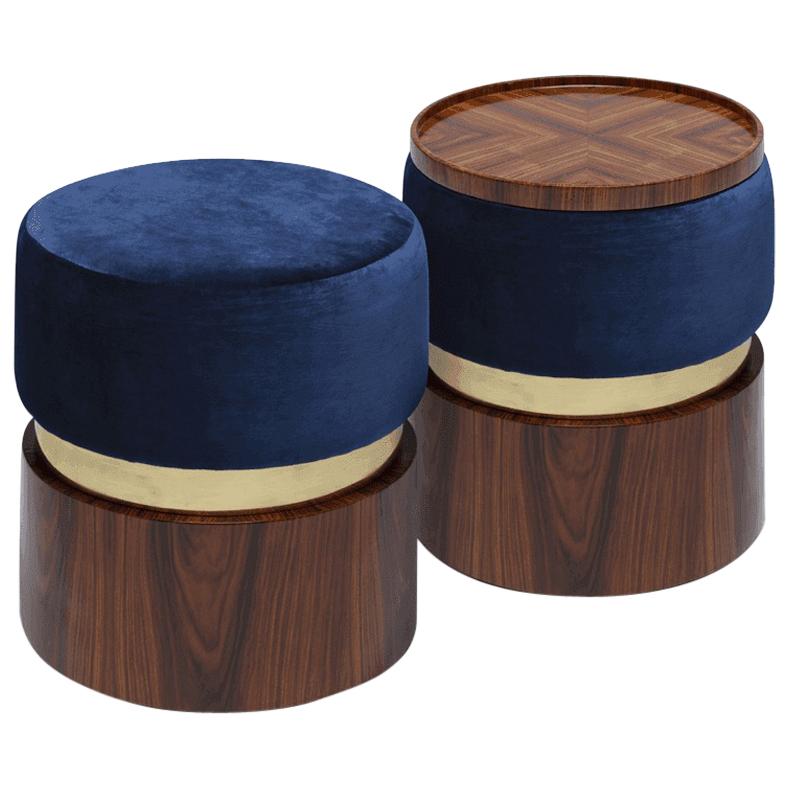 Versatile Contemporary Pouf Set B with a Tray in Wood, Brass and Velvet