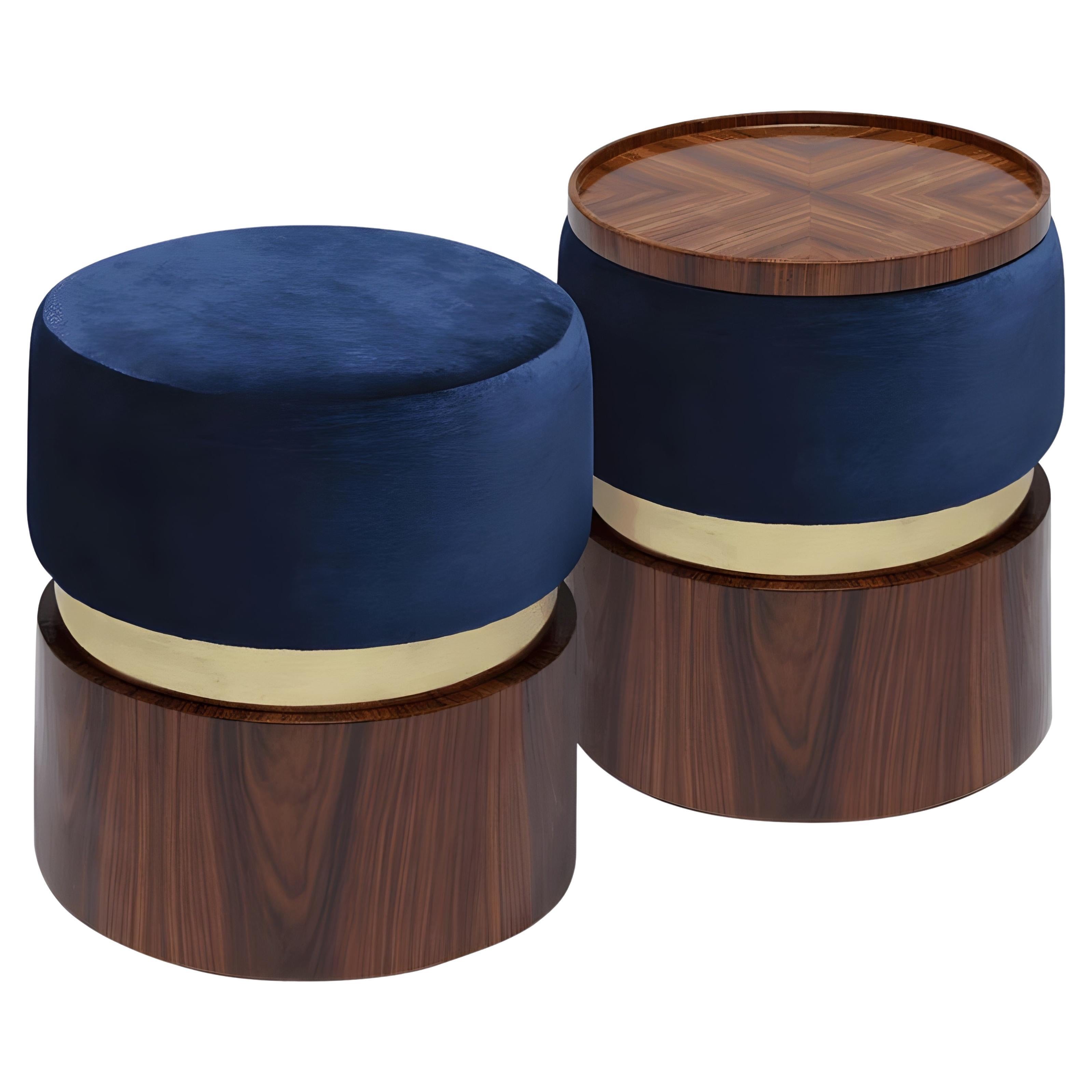 Versatile Contemporary Pouf Set B with a Tray in Wood, Brass and Velvet For Sale