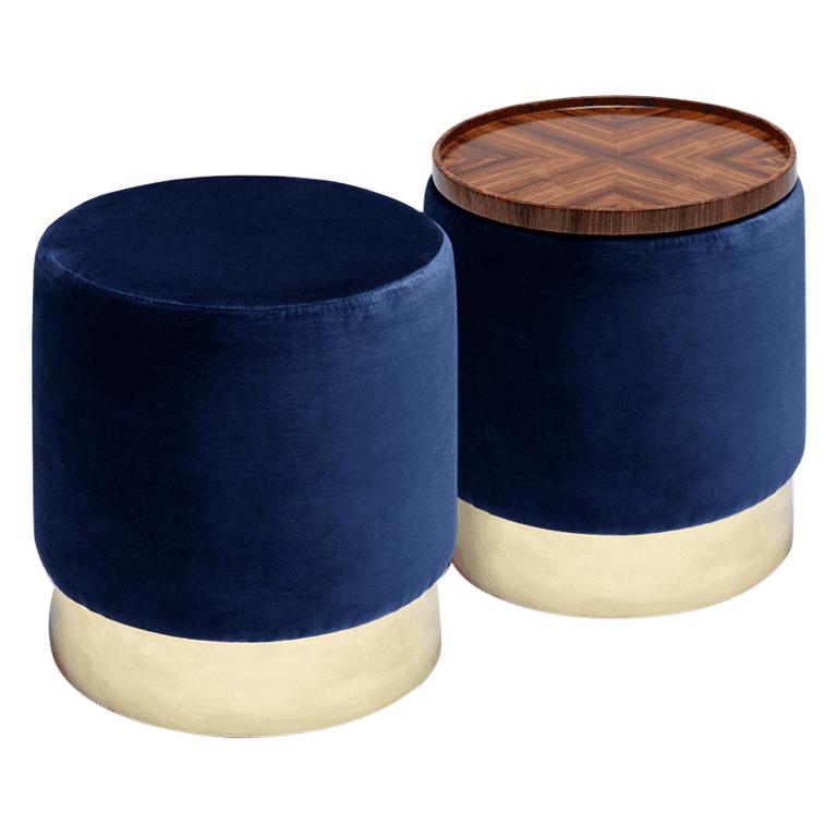 Versatile Contemporary Pouf Set with a Tray in Wood, Brass and Velvet For Sale