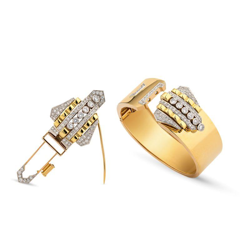 Women's Versatile Diamond Gold Bracelet, Clips and Brooch1940s For Sale