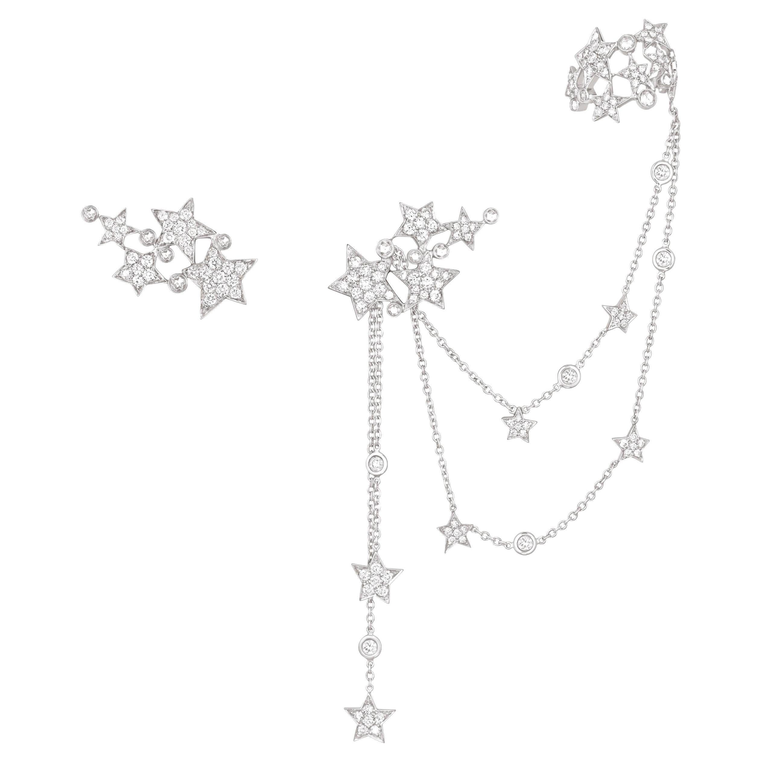 Versatile Earrings with Cascading Stars - 18k White Gold, Diamonds