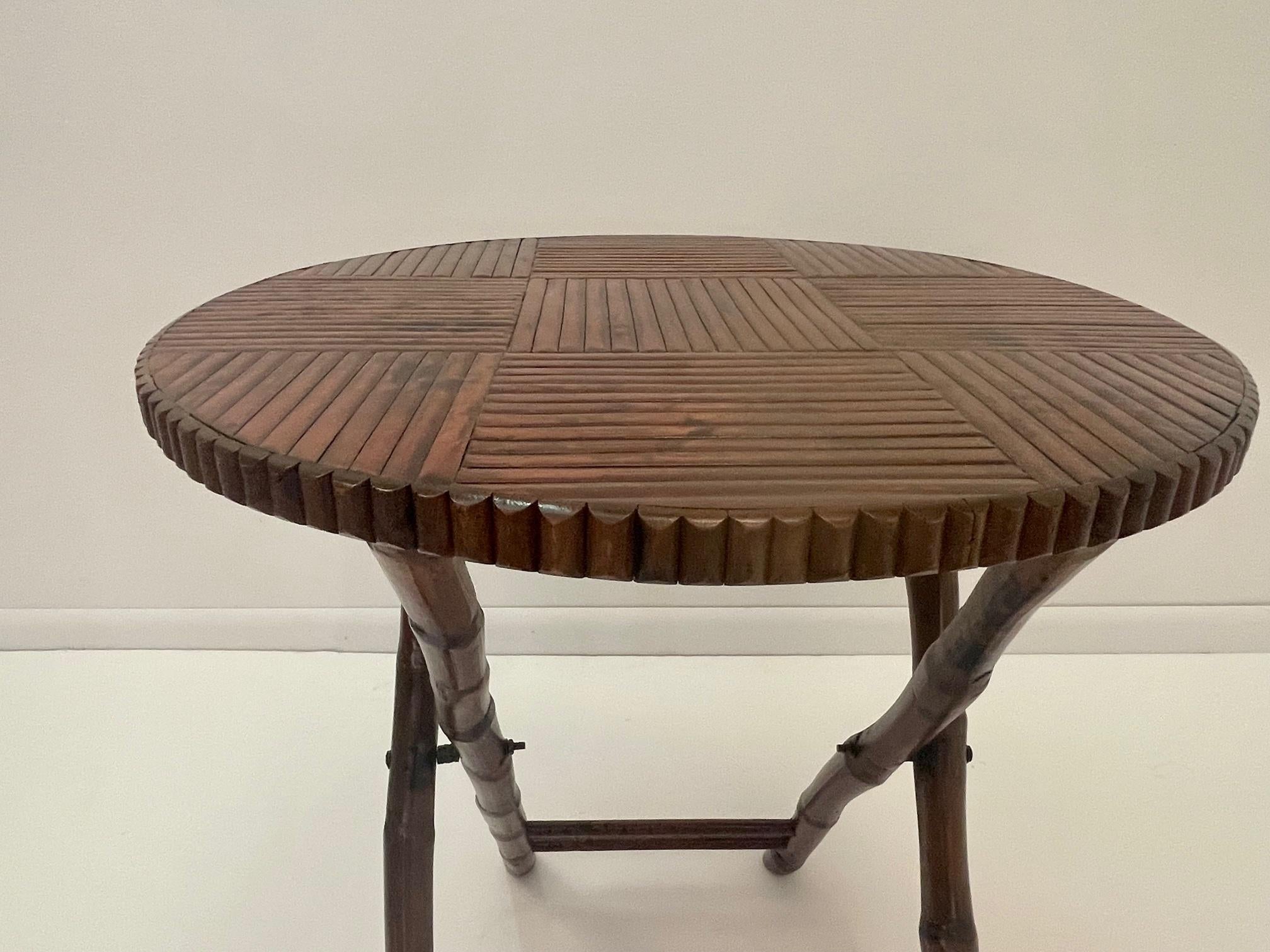 Versatile Folding Bamboo Round Table with Honey Patina- Pair Available In Good Condition For Sale In Hopewell, NJ