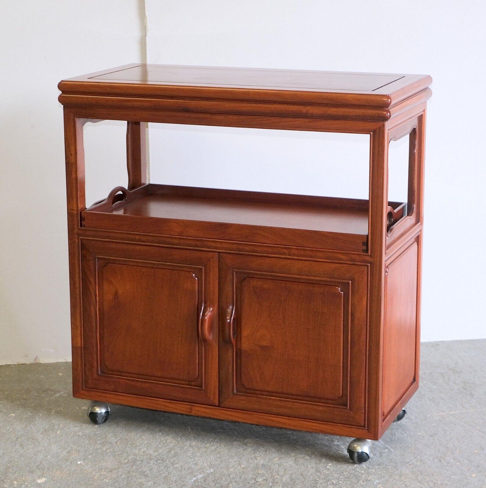 Chinese Export VERSATILE HARDWOOD CHINESE BUFFET WiTH GOOD SIZE TRAY SINGLE TIER & WHEELS For Sale