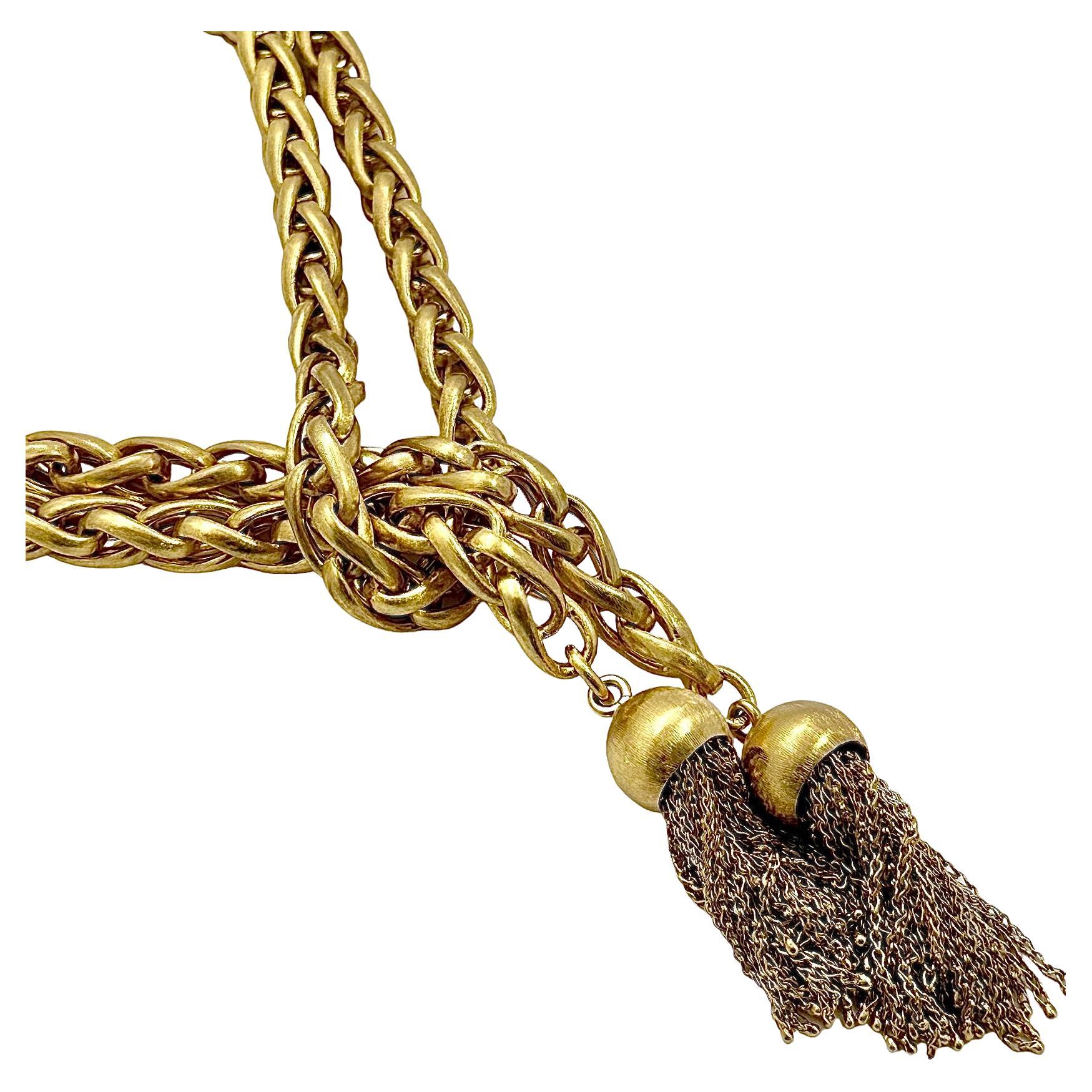Versatile Long 18k Satin Finish Yellow Gold Lariat Necklace W/Tassels For Sale
