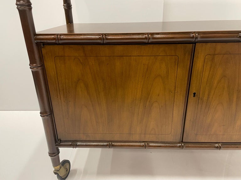 Versatile Mid-Century Modern Faux Bamboo & Mahogany Server Sideboard on Casters For Sale 5