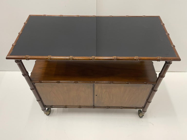 Versatile Mid-Century Modern Faux Bamboo & Mahogany Server Sideboard on Casters For Sale 2