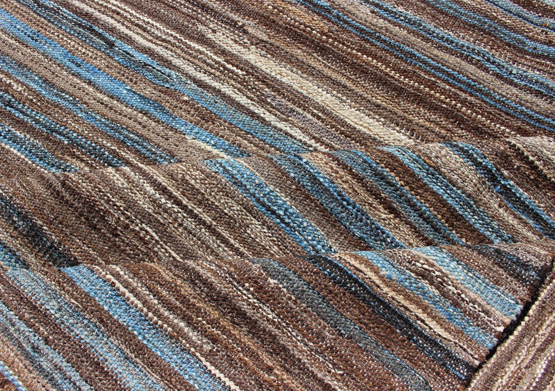 Blue and Brown Flat-Weave Large Kilim Modern Design For Sale 4
