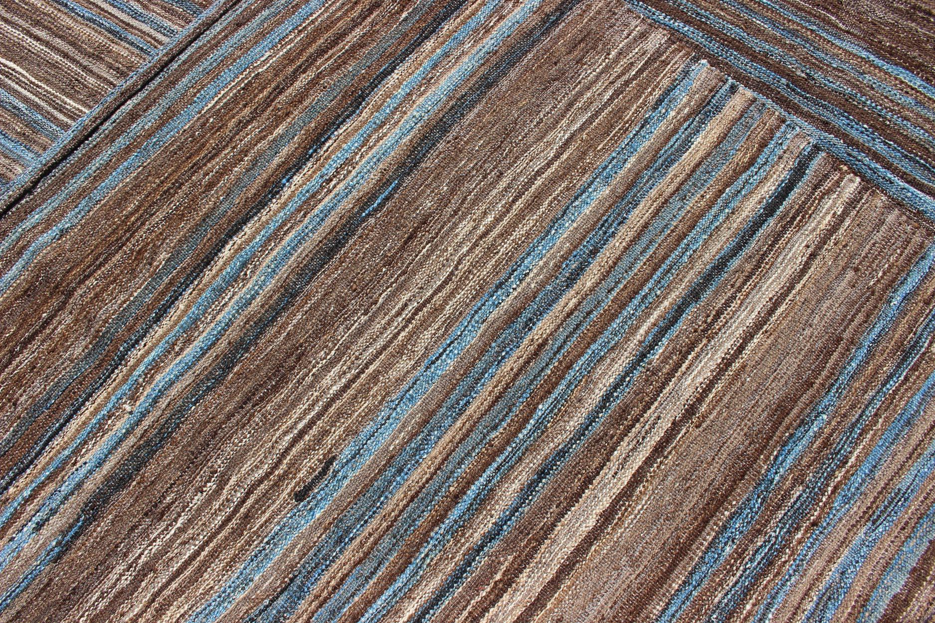 Blue and Brown Flat-Weave Large Kilim Modern Design For Sale 5