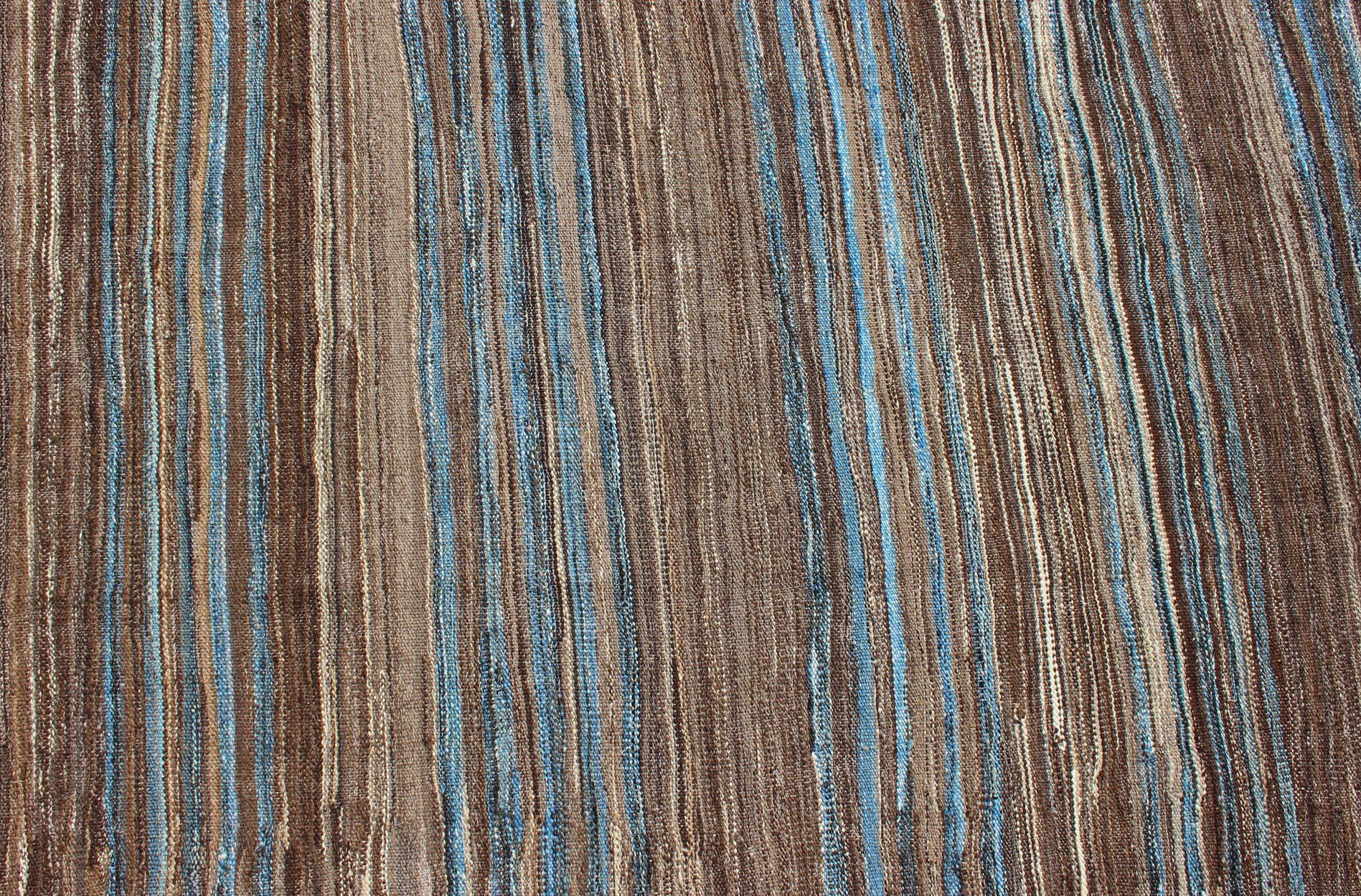 Blue and Brown Flat-Weave Large Kilim Modern Design For Sale 1
