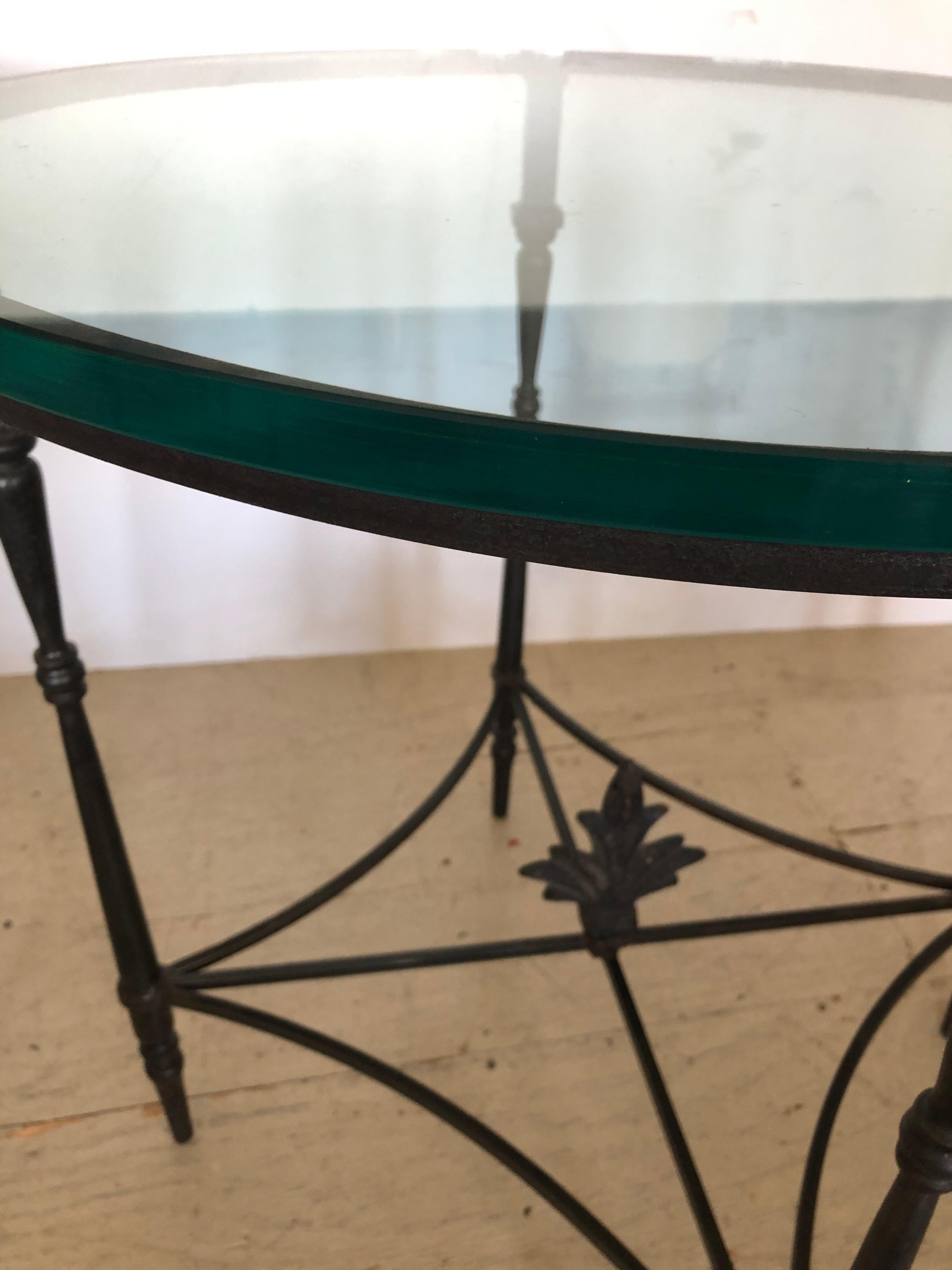 Versatile Pair of Iron and Glass Round Side End Tables with Fleur di Lis Finials In Excellent Condition In Hopewell, NJ