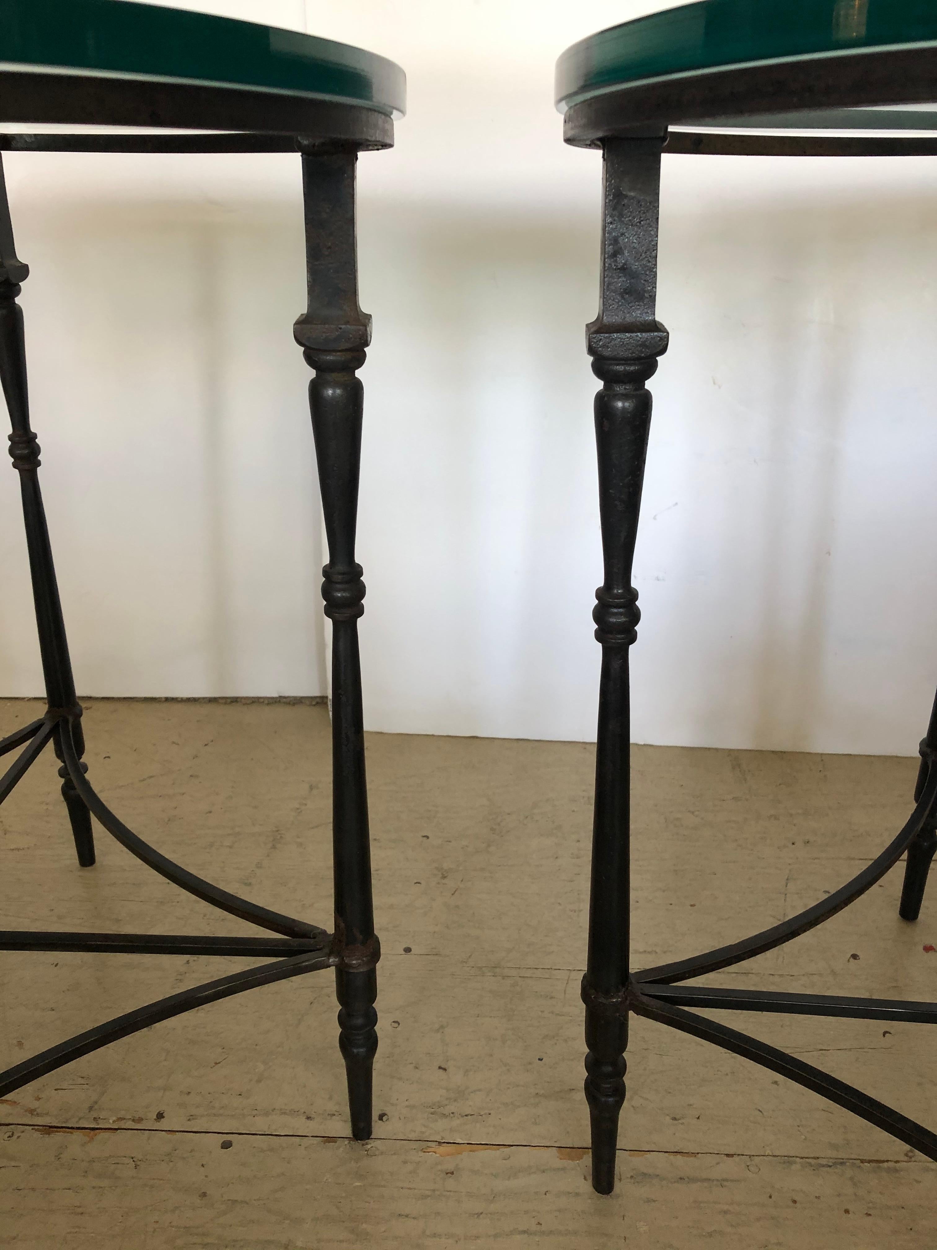 Versatile Pair of Iron and Glass Round Side End Tables with Fleur di Lis Finials 1