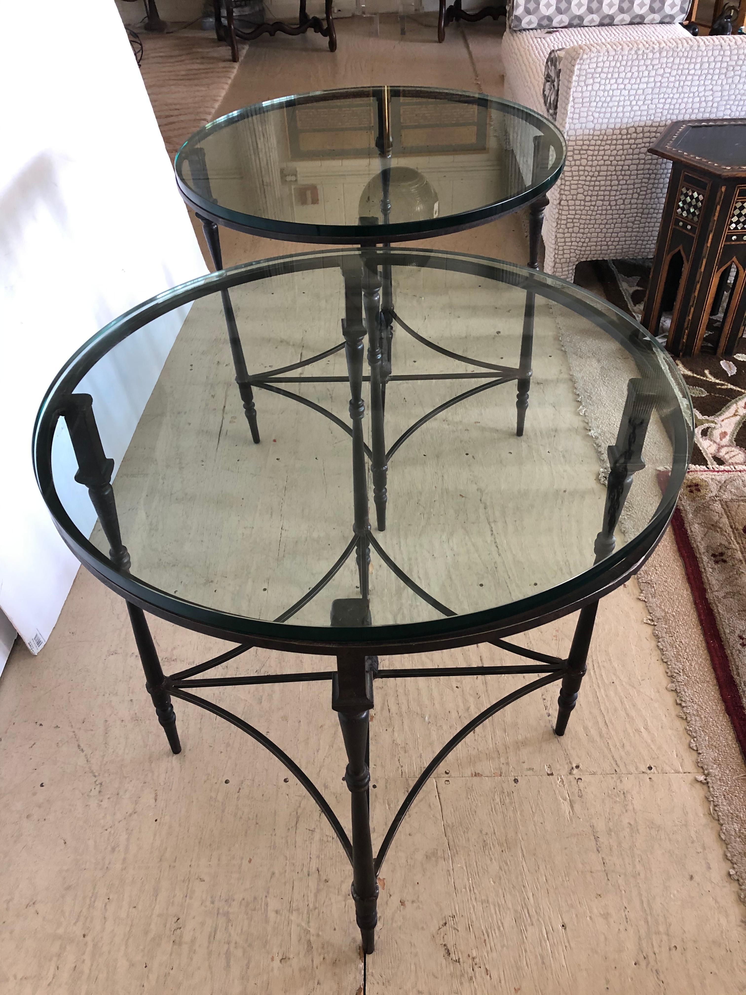 Versatile Pair of Iron and Glass Round Side End Tables with Fleur di Lis Finials 2