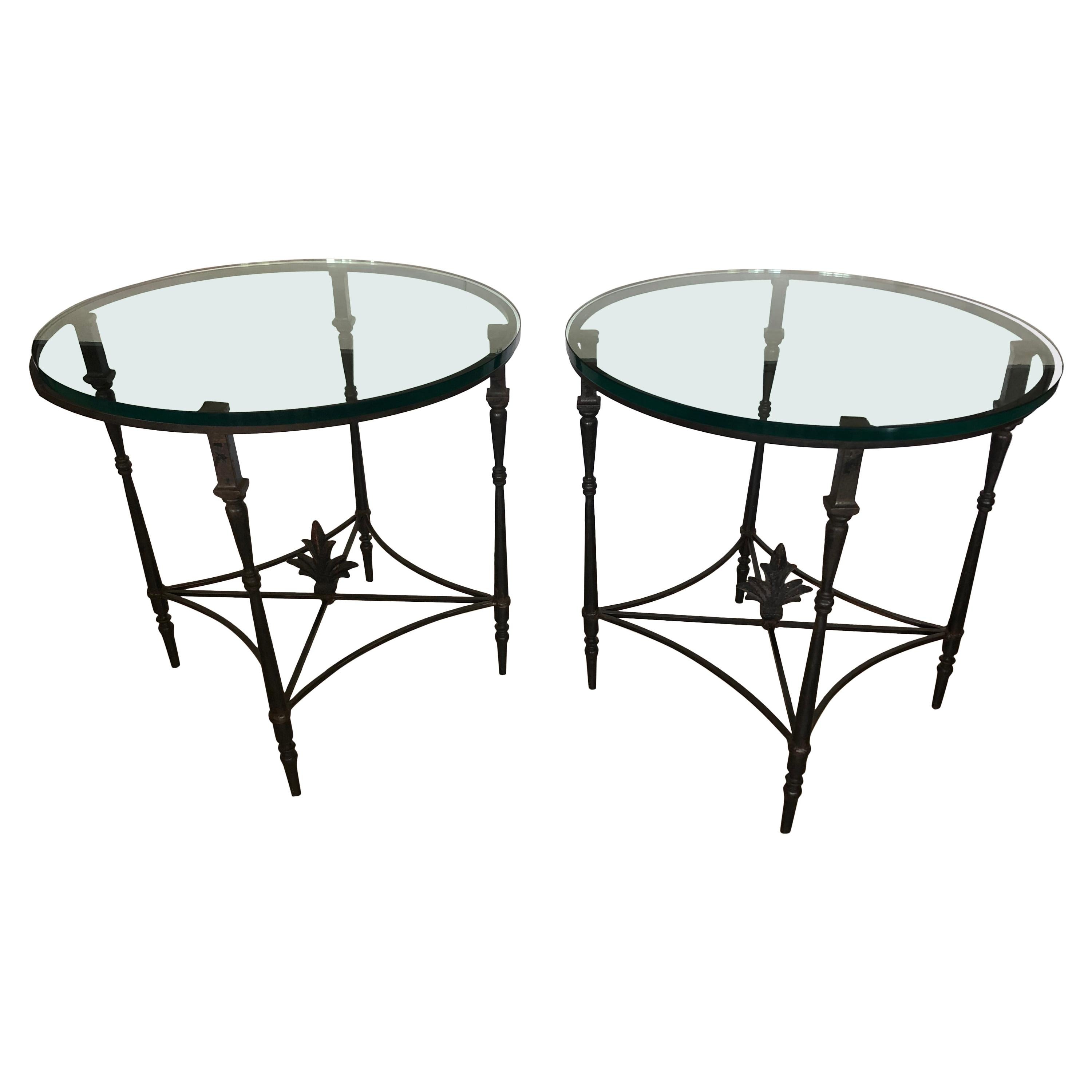 Versatile Pair of Iron and Glass Round Side End Tables with Fleur di Lis Finials