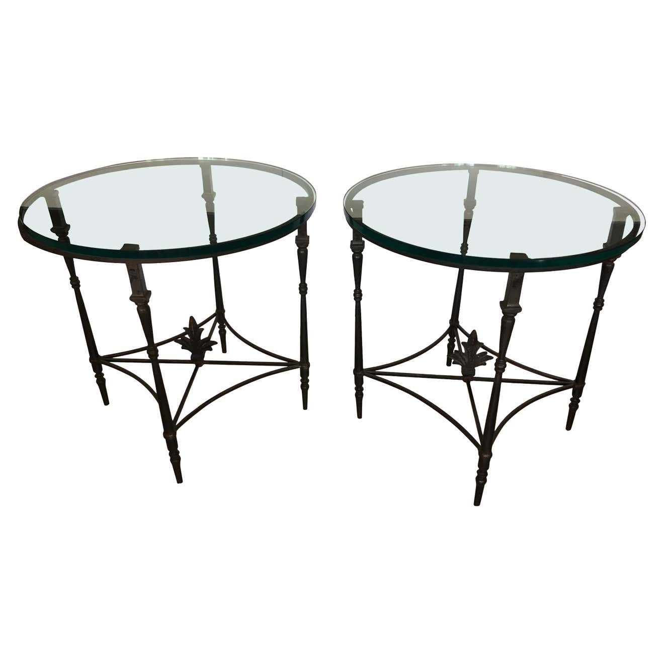 Versatile Pair of Iron and Glass Round Side End Tables with Fleur di ...