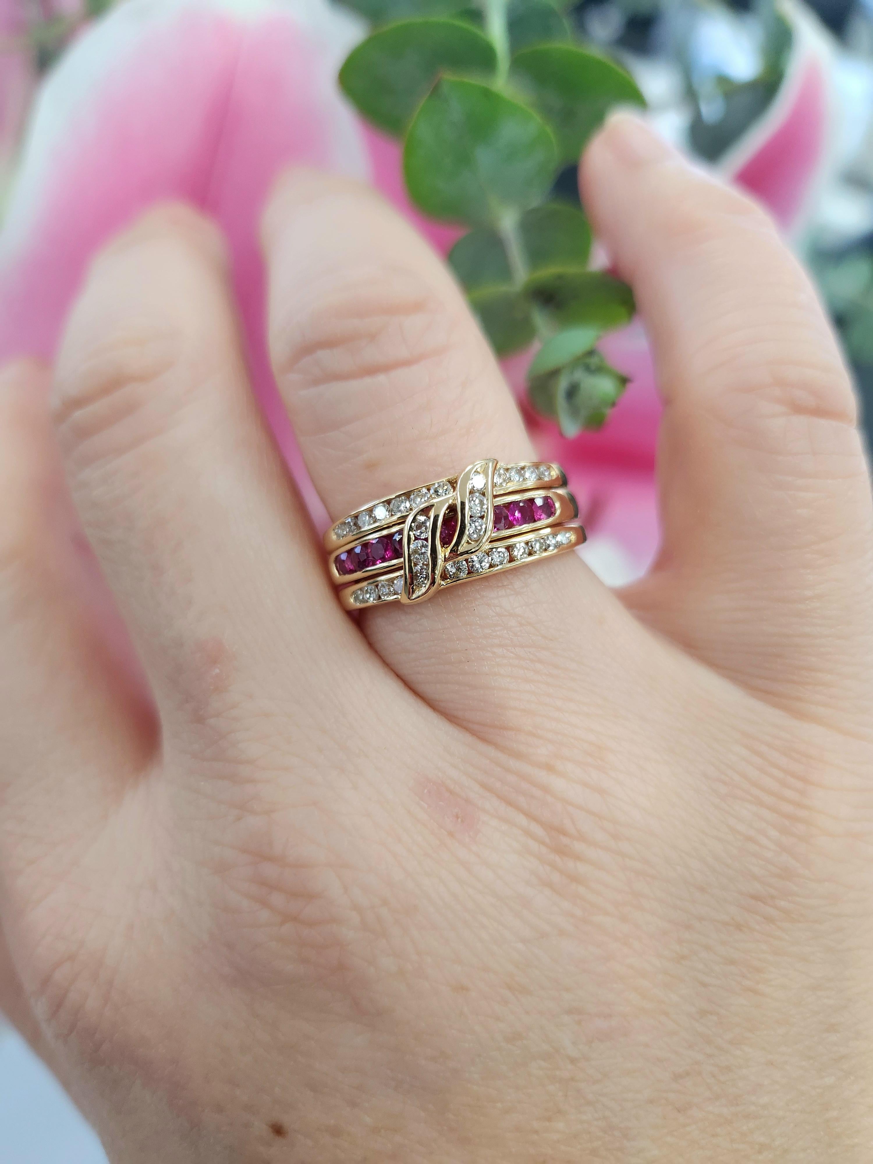 This stunning vintage ring is a true celebration of balance and beauty—combining vivid color with timeless sparkle in a bold, two-in-one design. Expertly crafted in solid 18K yellow gold, the ring features a striking split band that showcases two