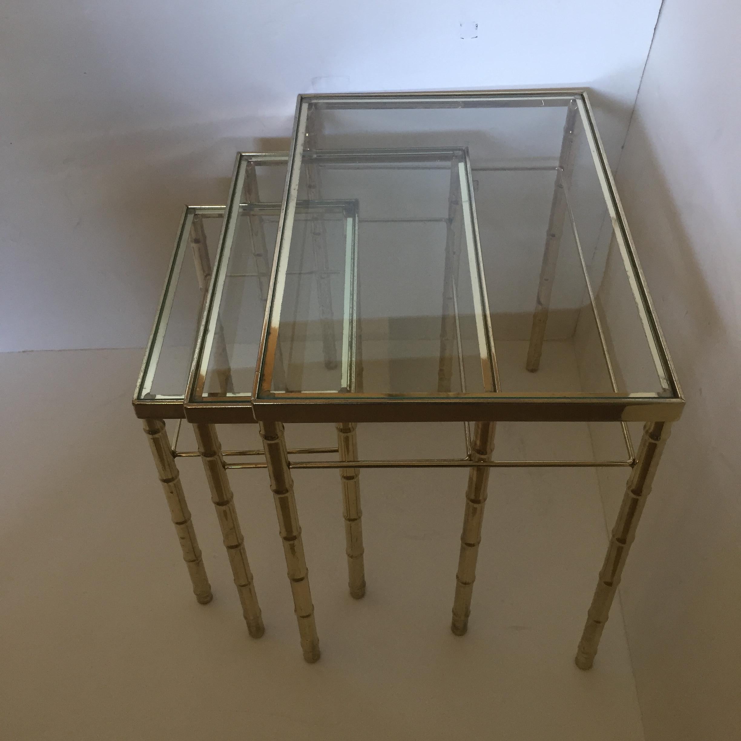 American Versatile Set of Mid-Century Modern Brass Faux Bamboo Nesting Tables