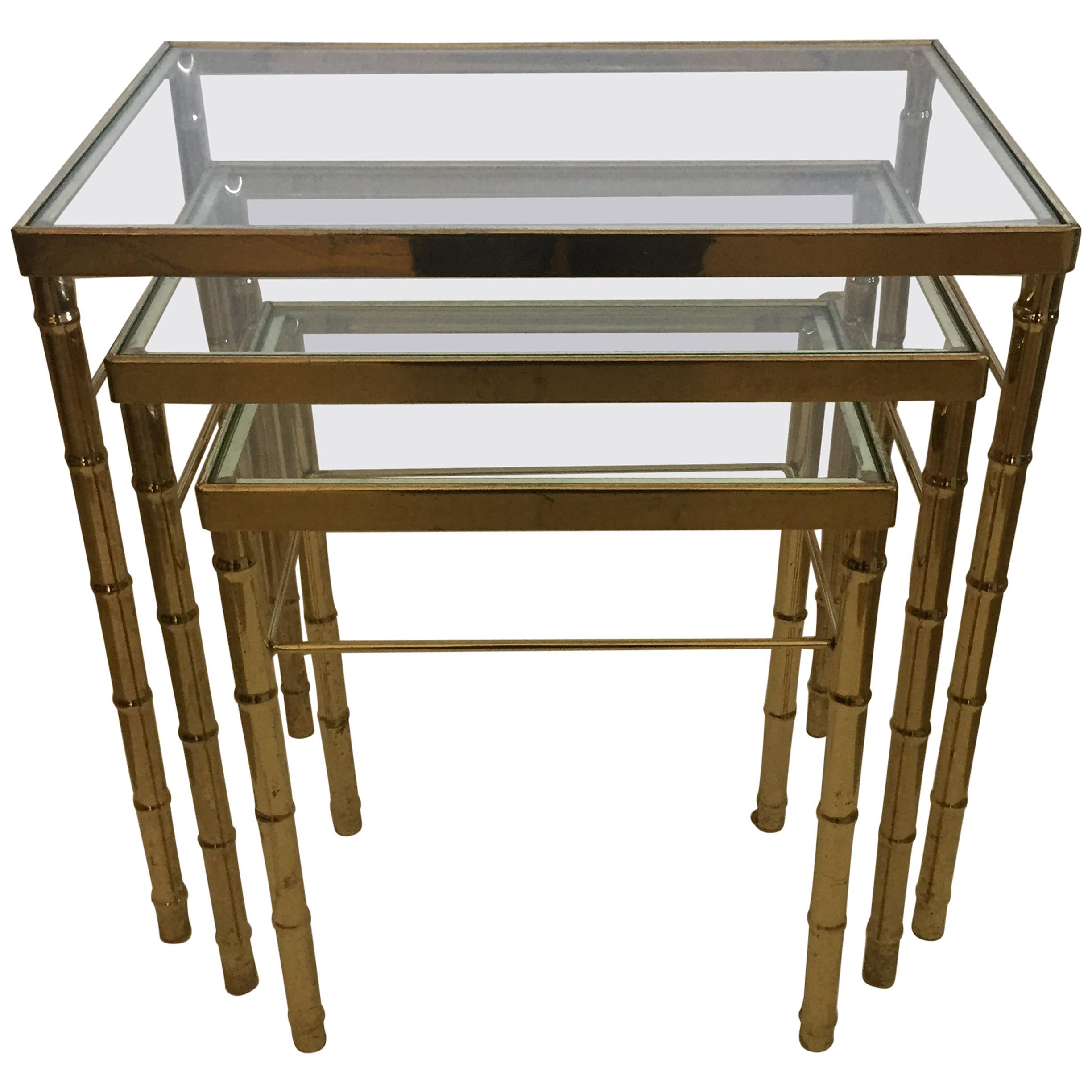 Versatile Set of Mid-Century Modern Brass Faux Bamboo Nesting Tables