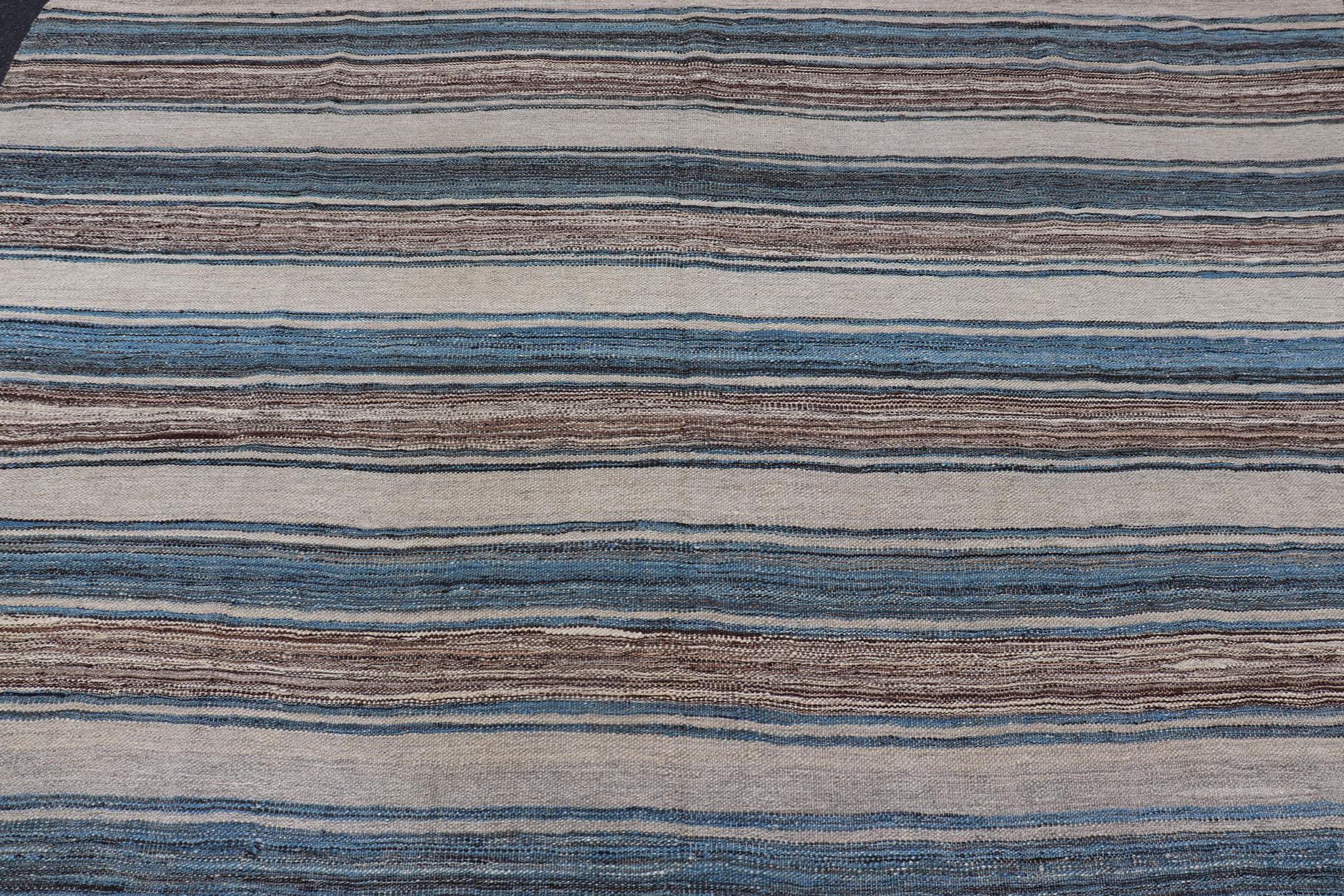 Versatile Striped Design and Natural Brown, Cream, and Blue Flat-Weave Kilim For Sale 4