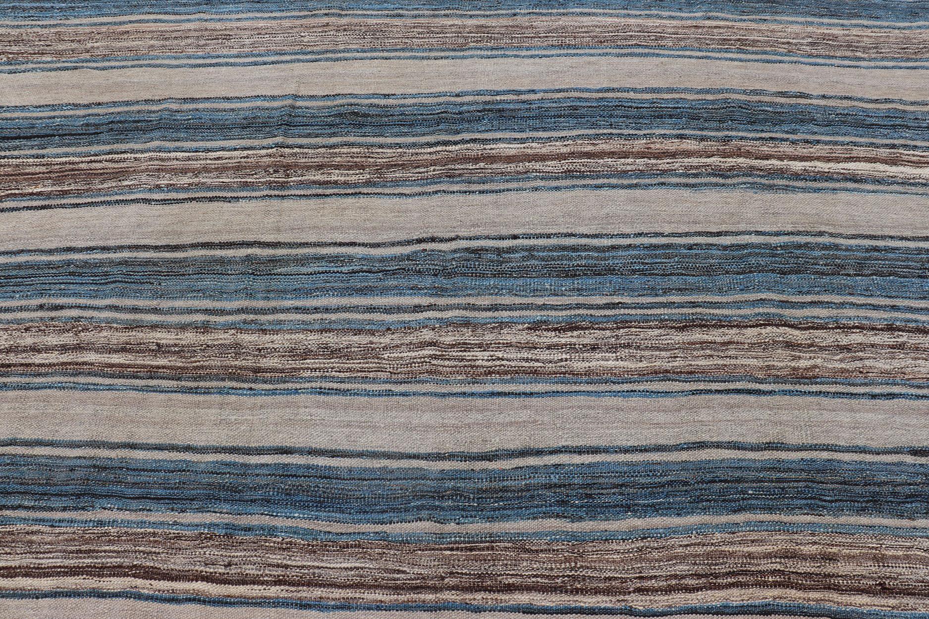 Versatile Striped Design and Natural Brown, Cream, and Blue Flat-Weave Kilim For Sale 5
