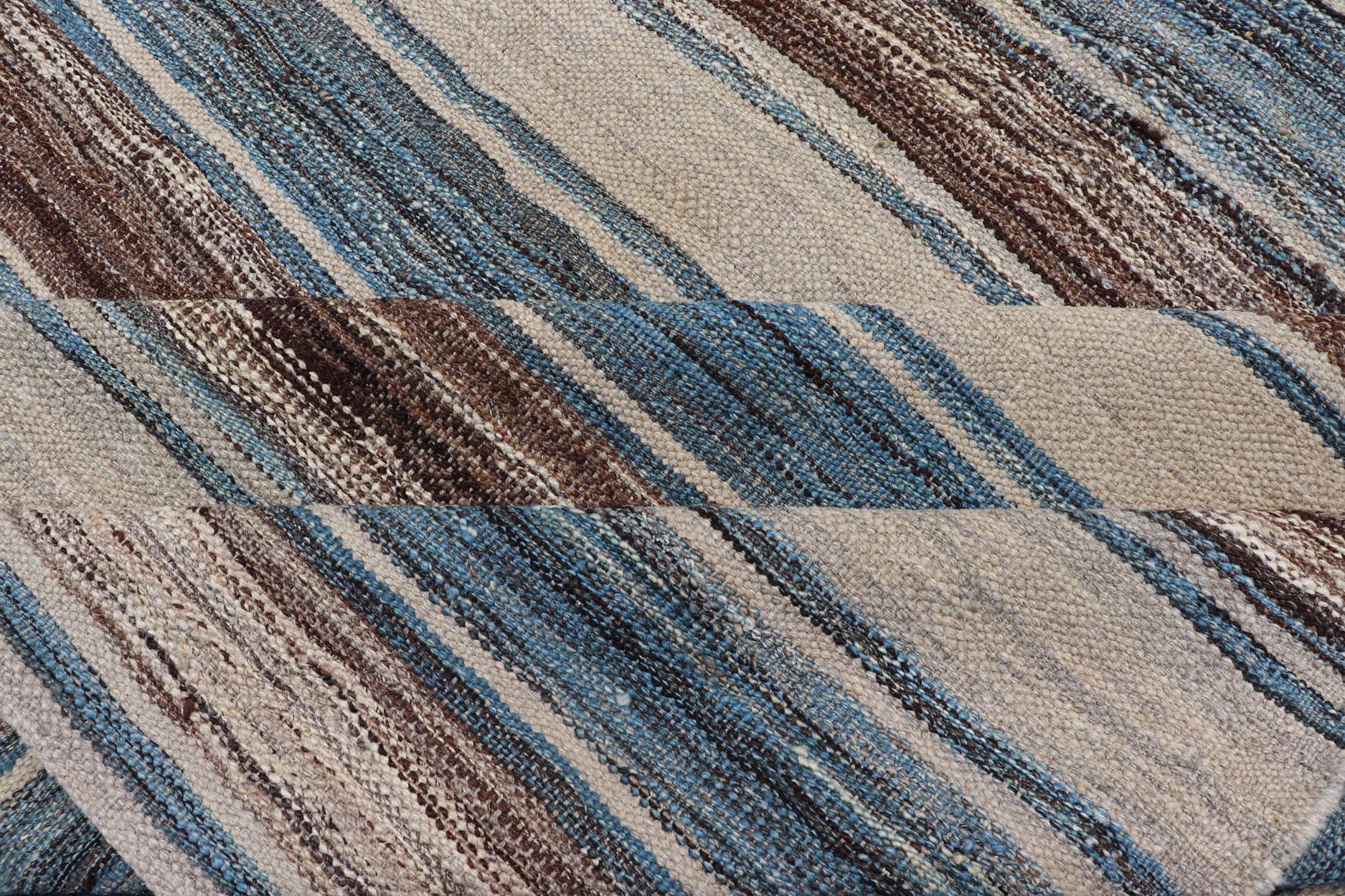 Versatile Striped Design and Natural Brown, Cream, and Blue Flat-Weave Kilim For Sale 5