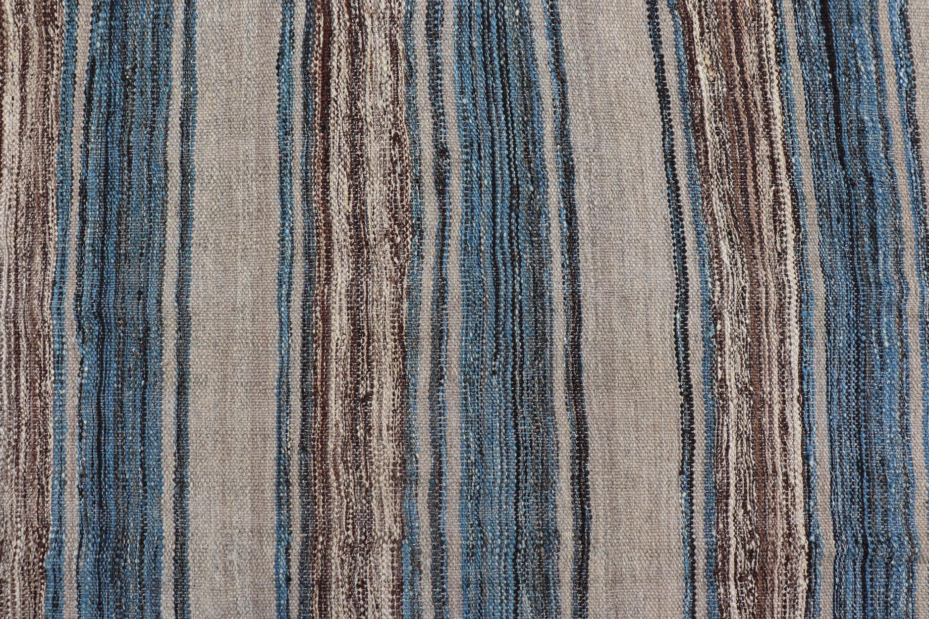 Versatile Striped Design and Natural Brown, Cream, and Blue Flat-Weave Kilim For Sale 6