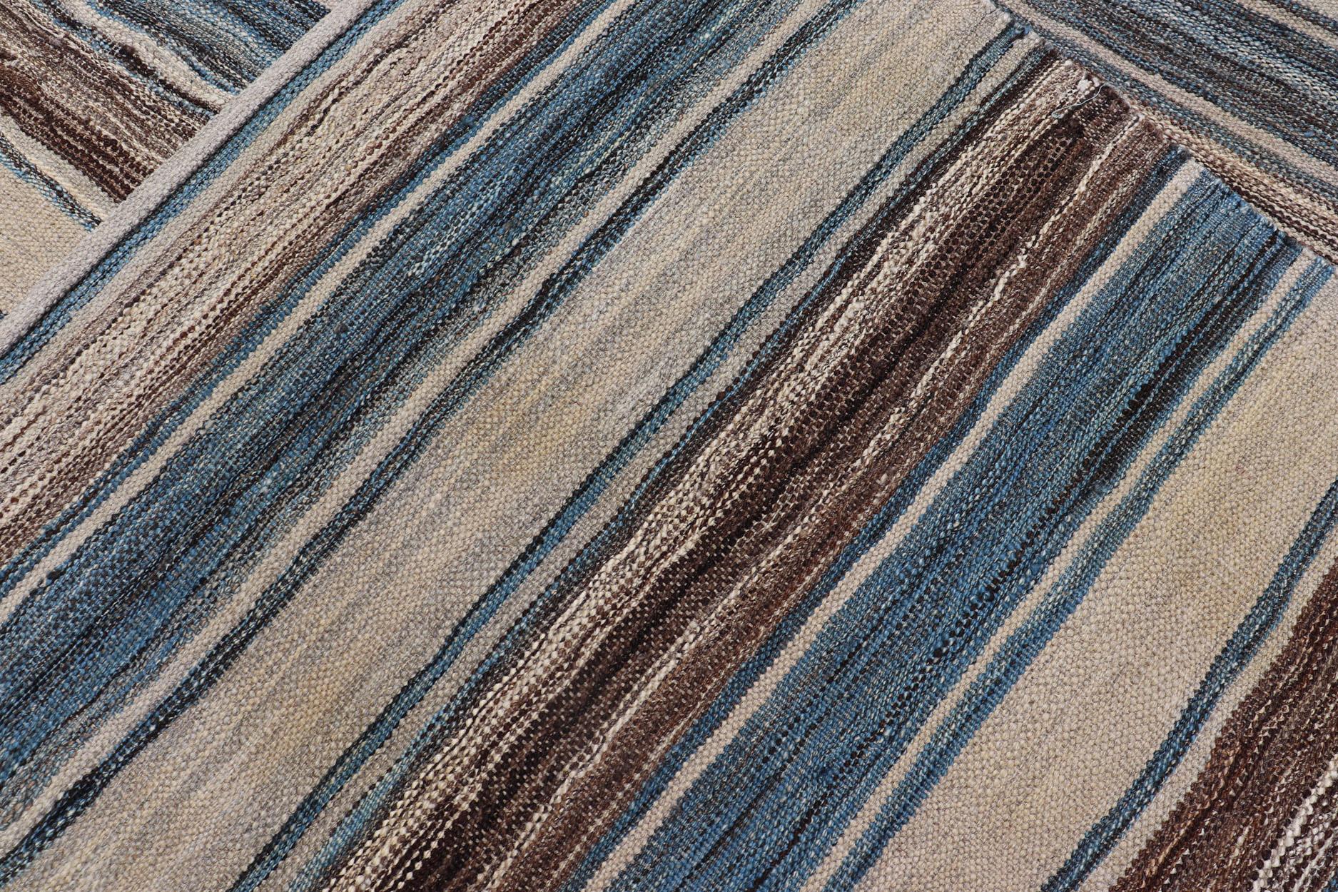 Versatile Striped Design and Natural Brown, Cream, and Blue Flat-Weave Kilim For Sale 6