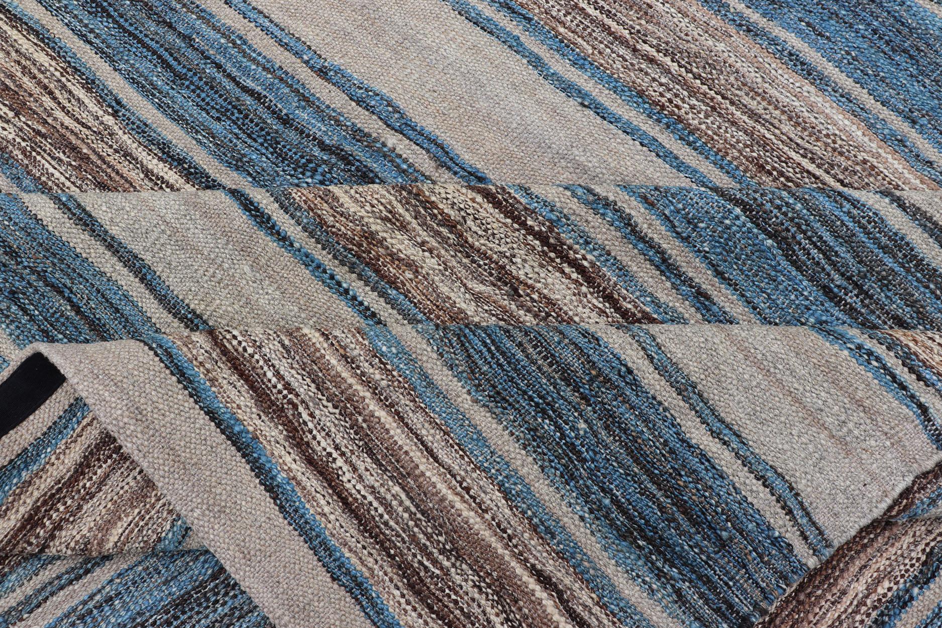 Versatile Striped Design and Natural Brown, Cream, and Blue Flat-Weave Kilim For Sale 7