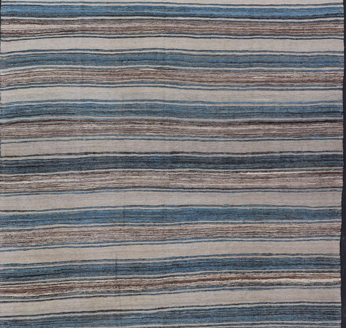 Afghan Versatile Striped Design and Natural Brown, Cream, and Blue Flat-Weave Kilim For Sale