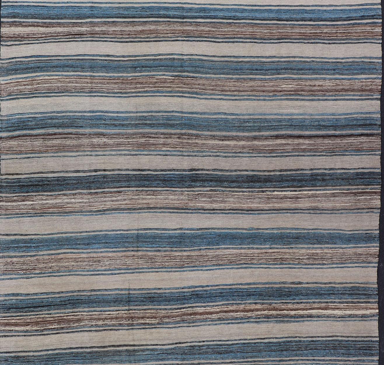 Afghan Versatile Striped Design and Natural Brown, Cream, and Blue Flat-Weave Kilim For Sale