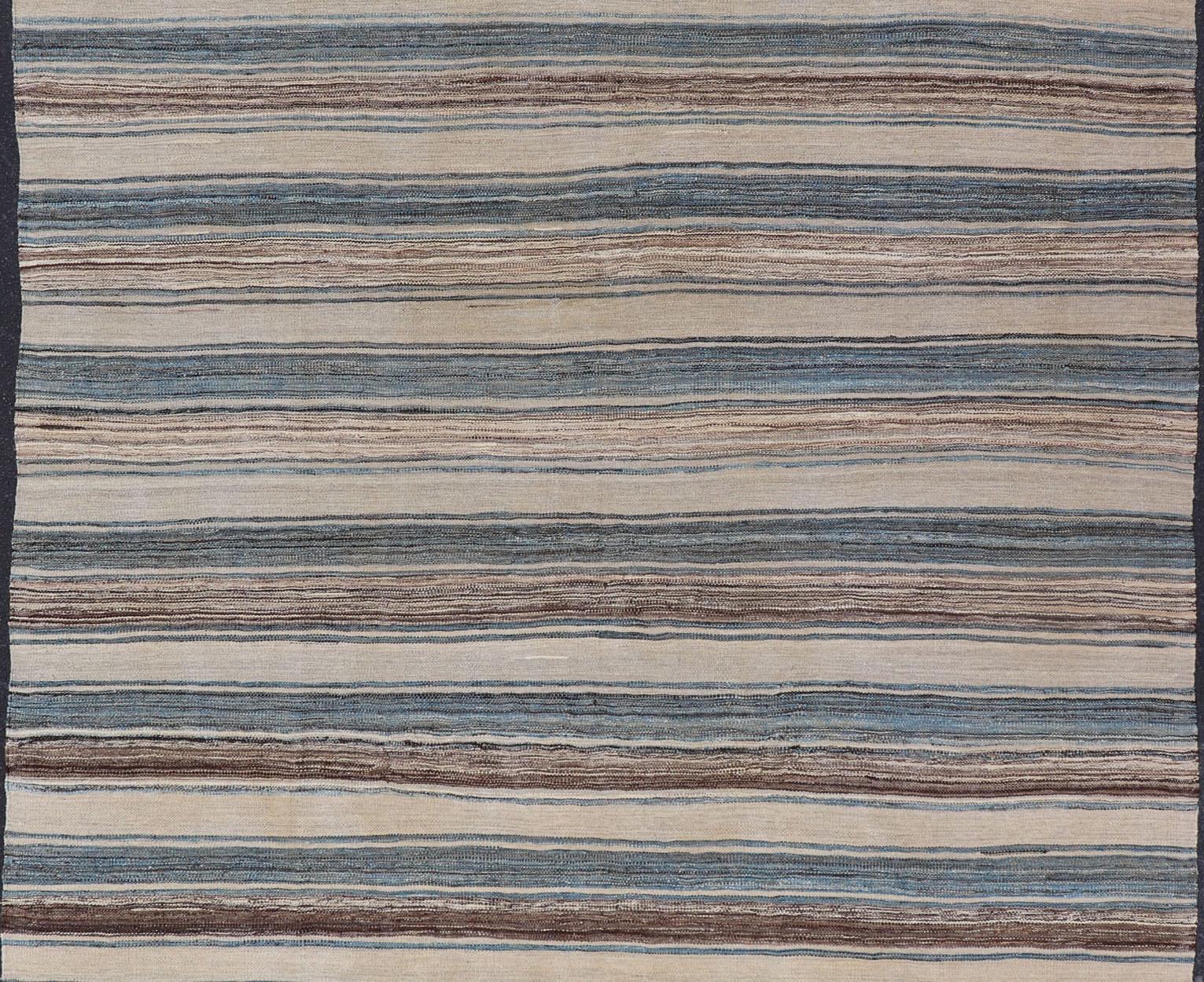 Afghan Versatile Striped Design and Natural Brown, Cream, and Blue Flat-Weave Kilim For Sale