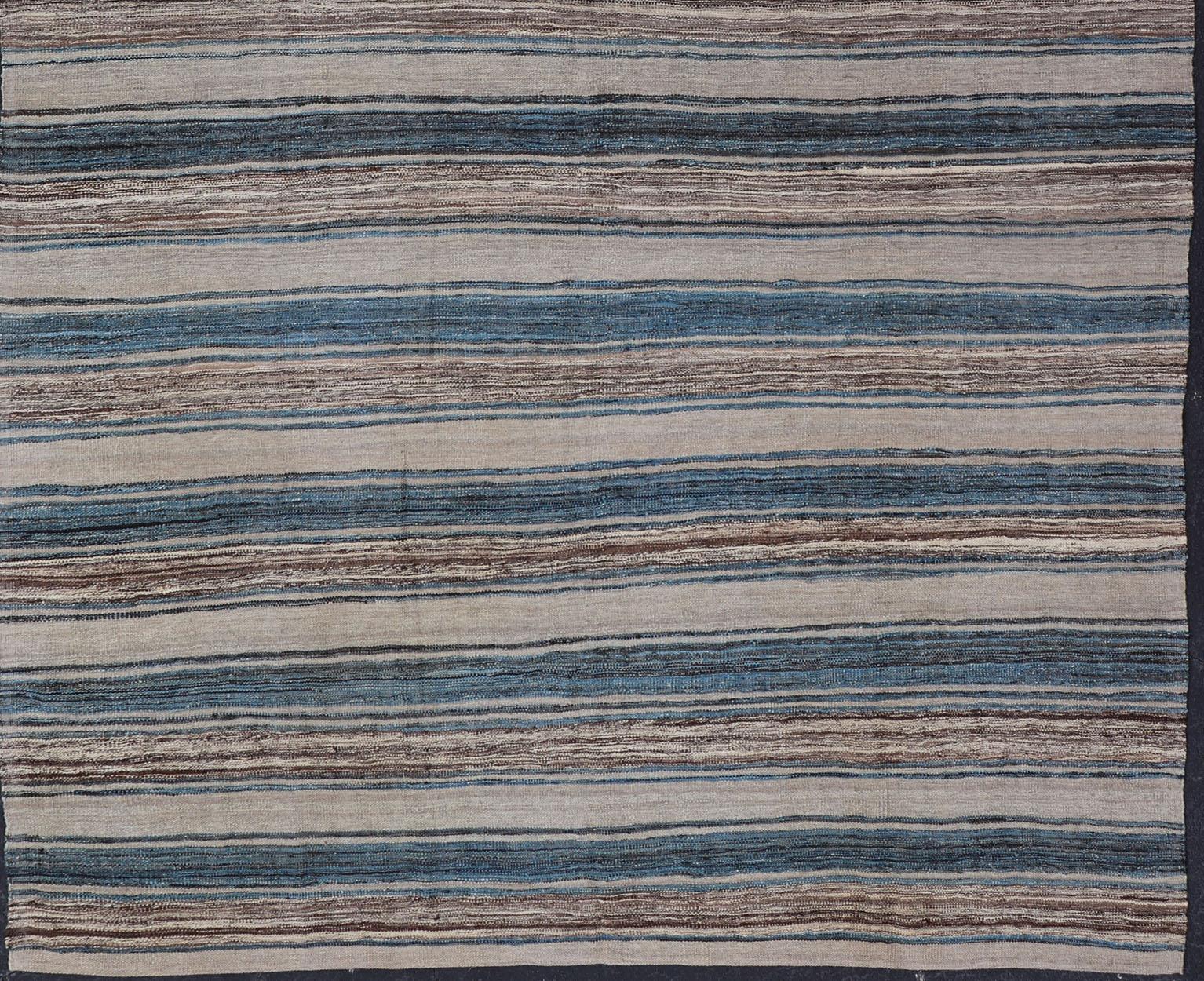 Hand-Woven Versatile Striped Design and Natural Brown, Cream, and Blue Flat-Weave Kilim For Sale
