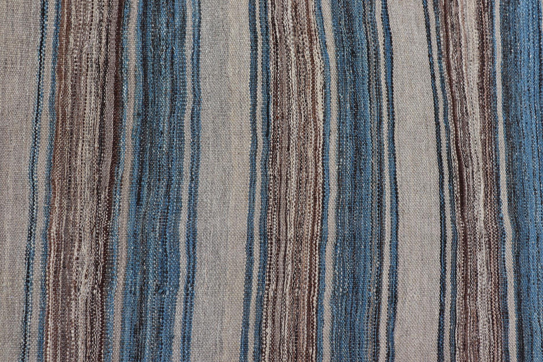 Versatile Striped Design and Natural Brown, Cream, and Blue Flat-Weave Kilim In New Condition For Sale In Atlanta, GA