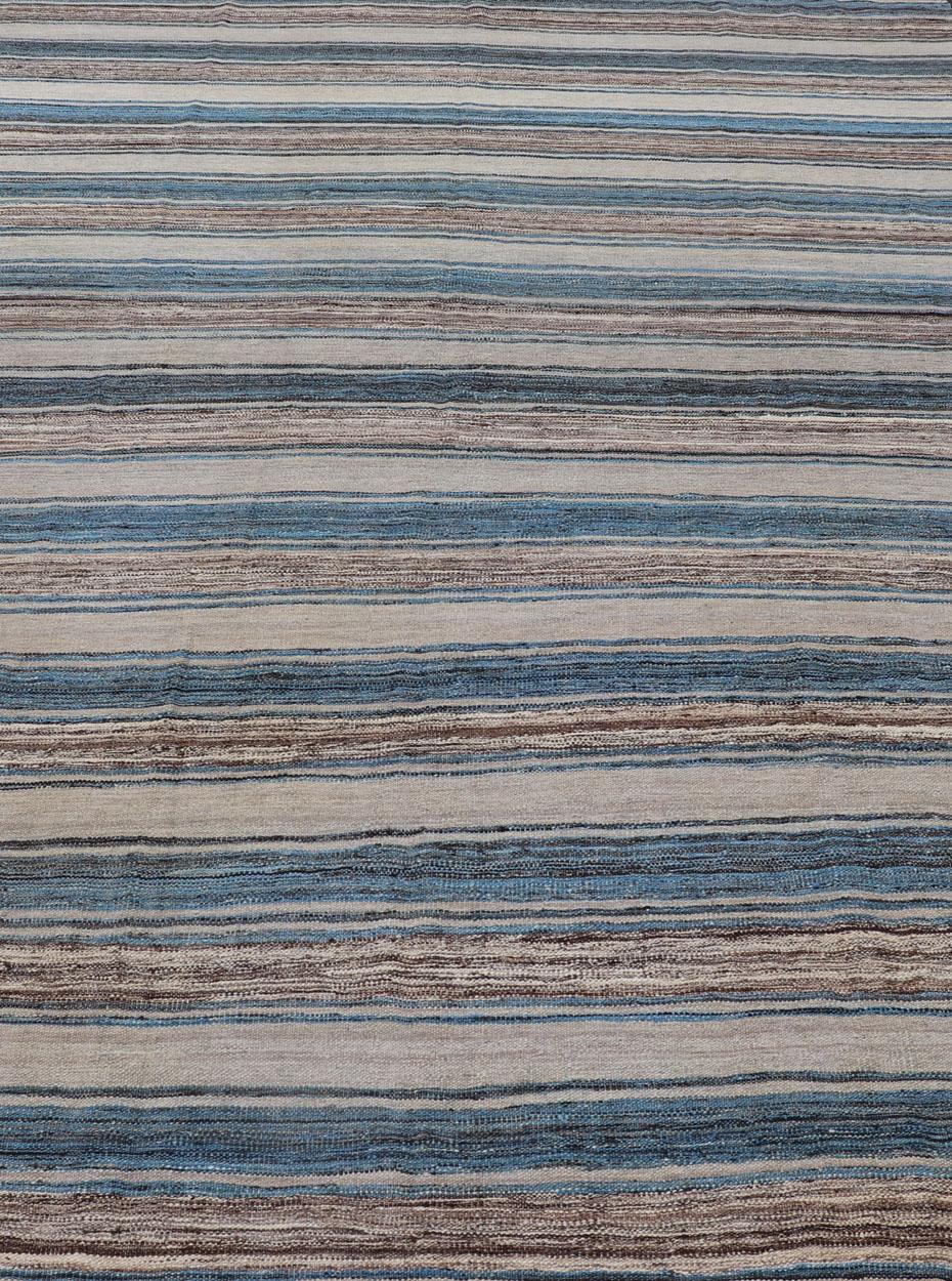 Contemporary Versatile Striped Design and Natural Brown, Cream, and Blue Flat-Weave Kilim For Sale