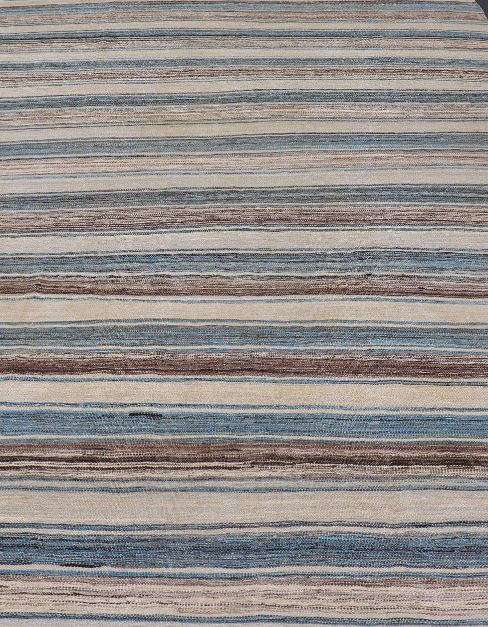 Contemporary Versatile Striped Design and Natural Brown, Cream, and Blue Flat-Weave Kilim For Sale